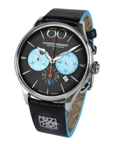 een horloge van Alexander Shorokhoff model Happy Second met een zwarte leren band en automatisch uurwerk.