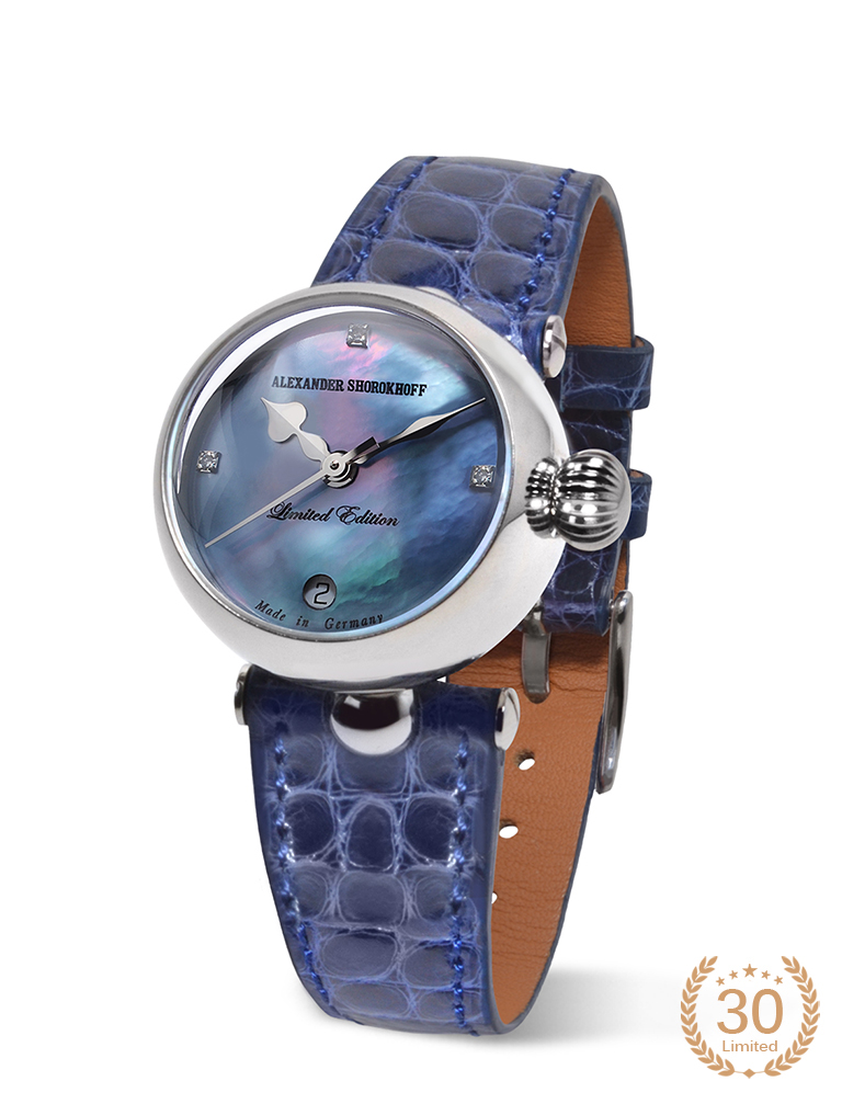 een horloge Alexander Shorokhoff model Shar met een blauwe band