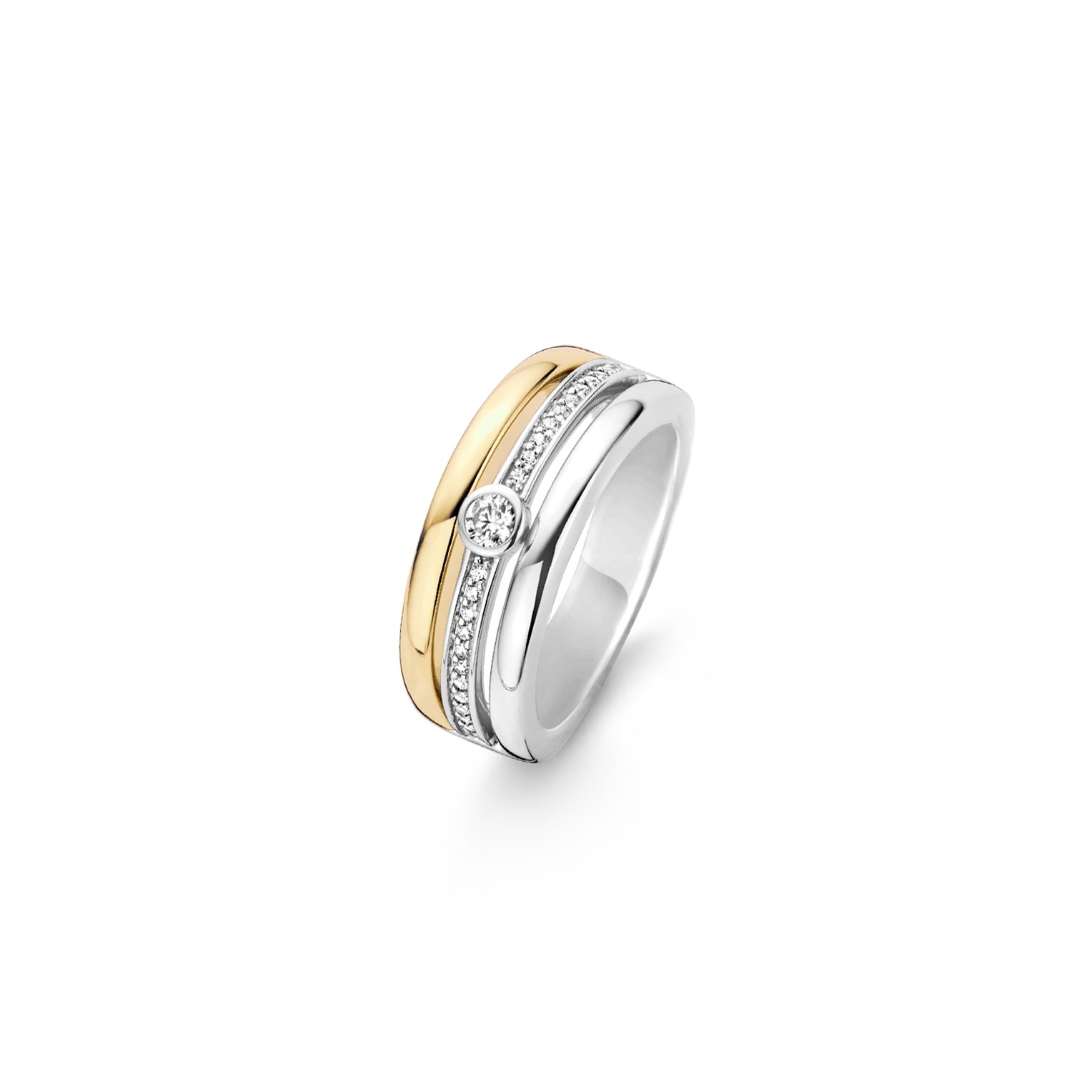 TI SENTO - Milano stapelring gemaakt van gerhodineerd sterling zilver. De ring heeft een 18k gouden plating en is pav� gezet met zirkonia's. Je kunt deze ring combineren met andere sieraden uit TI SENTO's collectie met gouden plating.