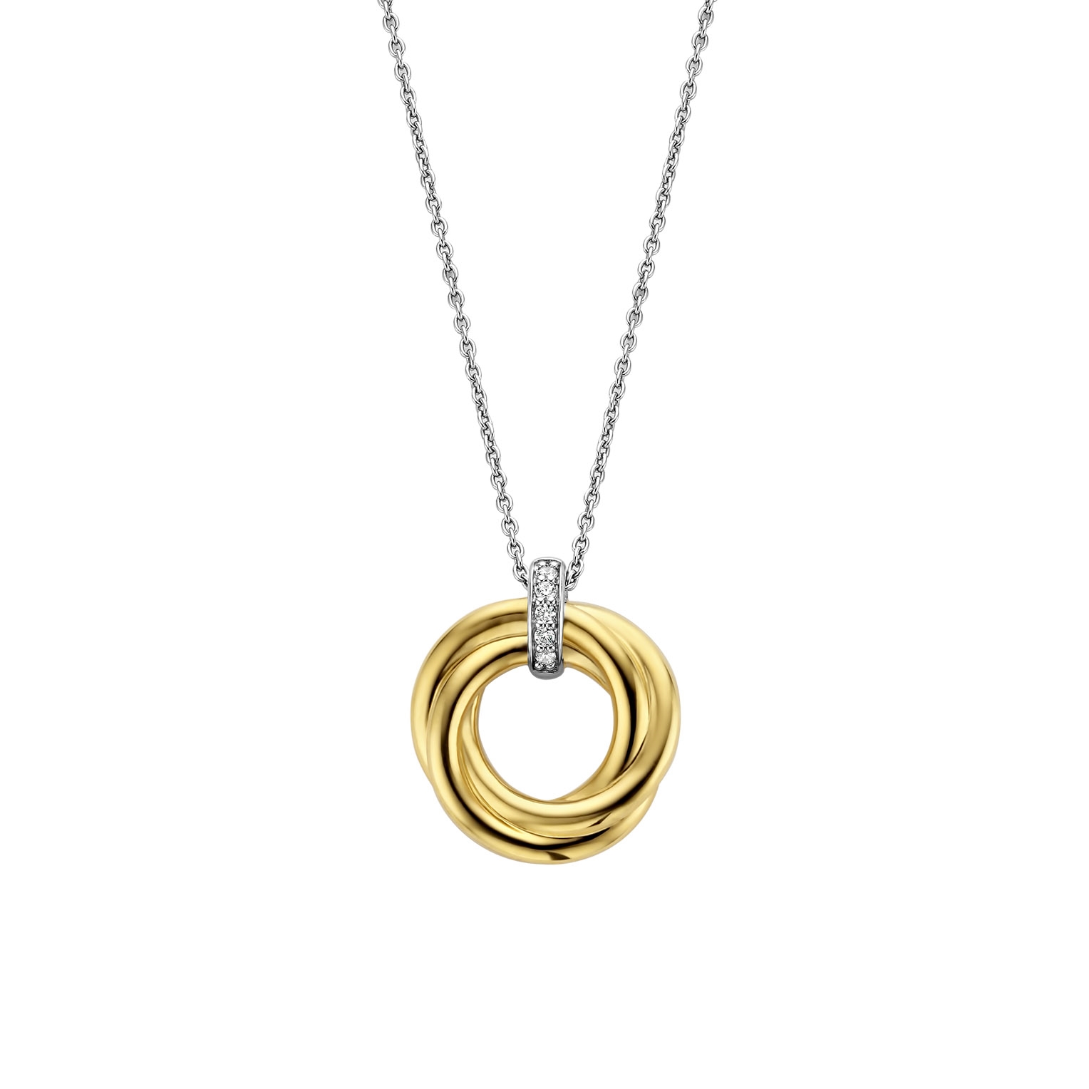Deze TI SENTO &ndash; Milano gold-plated zilveren ketting 3972ZY/42 heeft een stijlvolle ronde pendant met sierlijke lijnen en een pav&eacute; van witte cubic zirconia stenen in het midden. Dit luxe statement piece is gold-plated, gemaakt van 925 sterling zilver en heeft een laagje rhodium om het te beschermen en de glans te behouden. Combineer het met andere kettingen voor een statement look. De lengte van de ketting is verstelbaar tussen 38 en 48 cm.