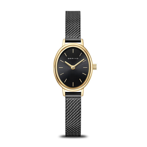 Bering dames horloge
zwarte Milanese band
gouden kast
zwarte wijzerplaat
Ovaal