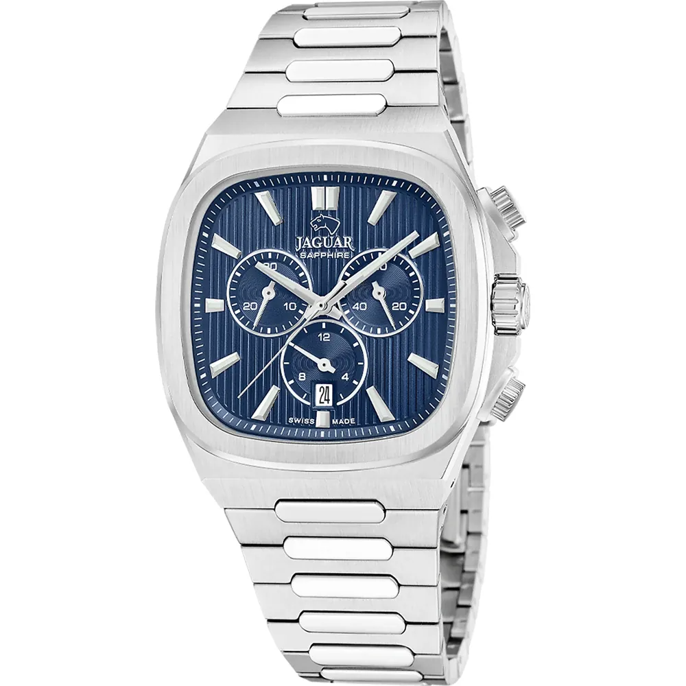 Dit Jaguar horloge heeft een kast gemaakt van Roestvrijstaal met een diameter van 41 mm en is voorzien van een Roestvrijstaal band. In de kast bevindt zich een Ronda kwaliteitsuurwerk en is afgewerkt met Saffierglas.