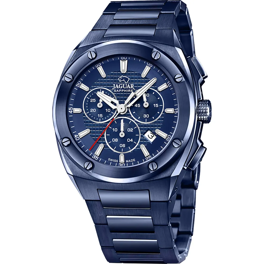 Dit Jaguar horloge heeft een kast gemaakt van Roestvrijstaal met een diameter van 44 mm en is voorzien van een Roestvrijstaal band. In de kast bevindt zich een Ronda kwaliteitsuurwerk en is afgewerkt met Saffierglas.