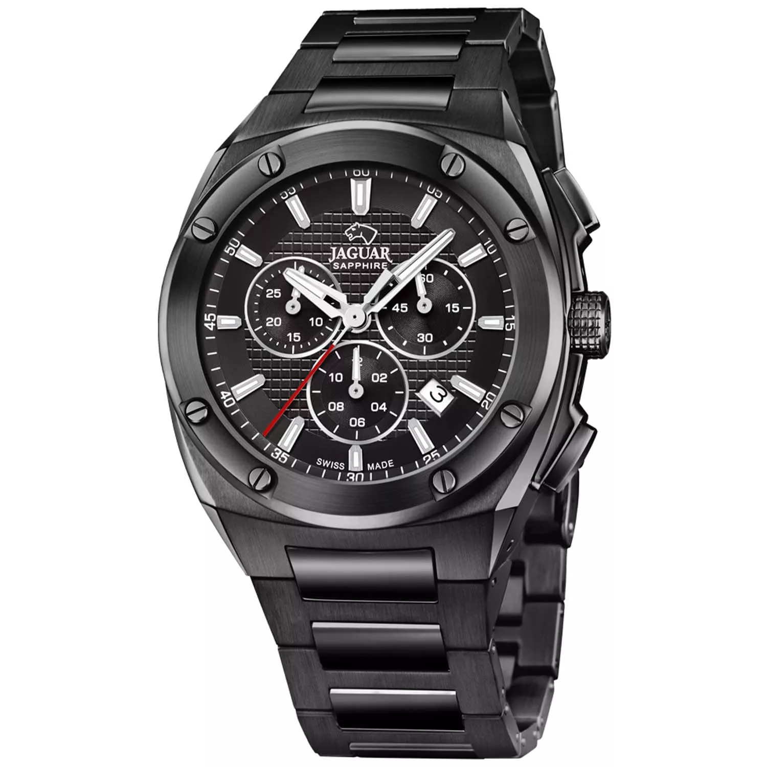 Met de Jaguar Executive J992/1 Executive Chrono Horloge haalt u een mooi horloge in huis van het merk Jaguar tegen een hele aantrekkelijke prijs. Dit Jaguar horloge heeft een kast gemaakt van Staal zilver met een diameter van 44 mm en is voorzien van een metaal band. In de kast bevindt zich een Ronda kwaliteitsuurwerk en is afgewerkt met Saffierglas.