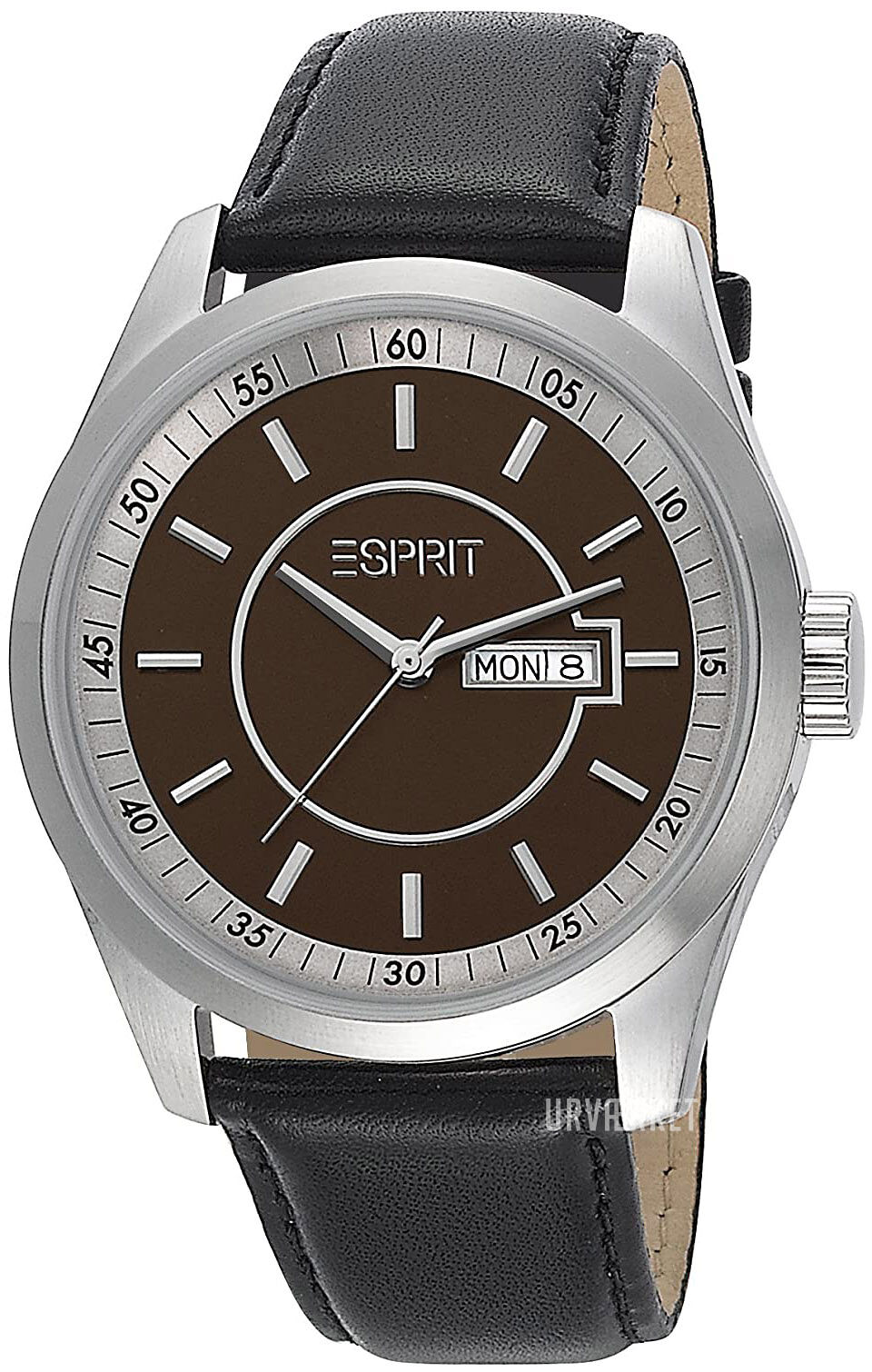 De ESPRIT Horloge CIRCOLO BLACK (modelnummer ES104081003) is een stijlvolle polshorloge met een zwarte lederen band en een bruine wijzerplaat. De roestvrijstalen kast is zilverkleurig en heeft een diameter van 44 mm. Het horloge is waterbestendig tot 5 ATM en beschikt over een datumaanduiding. Perfect te dragen bij zowel casual als zakelijke kledingstijlen.