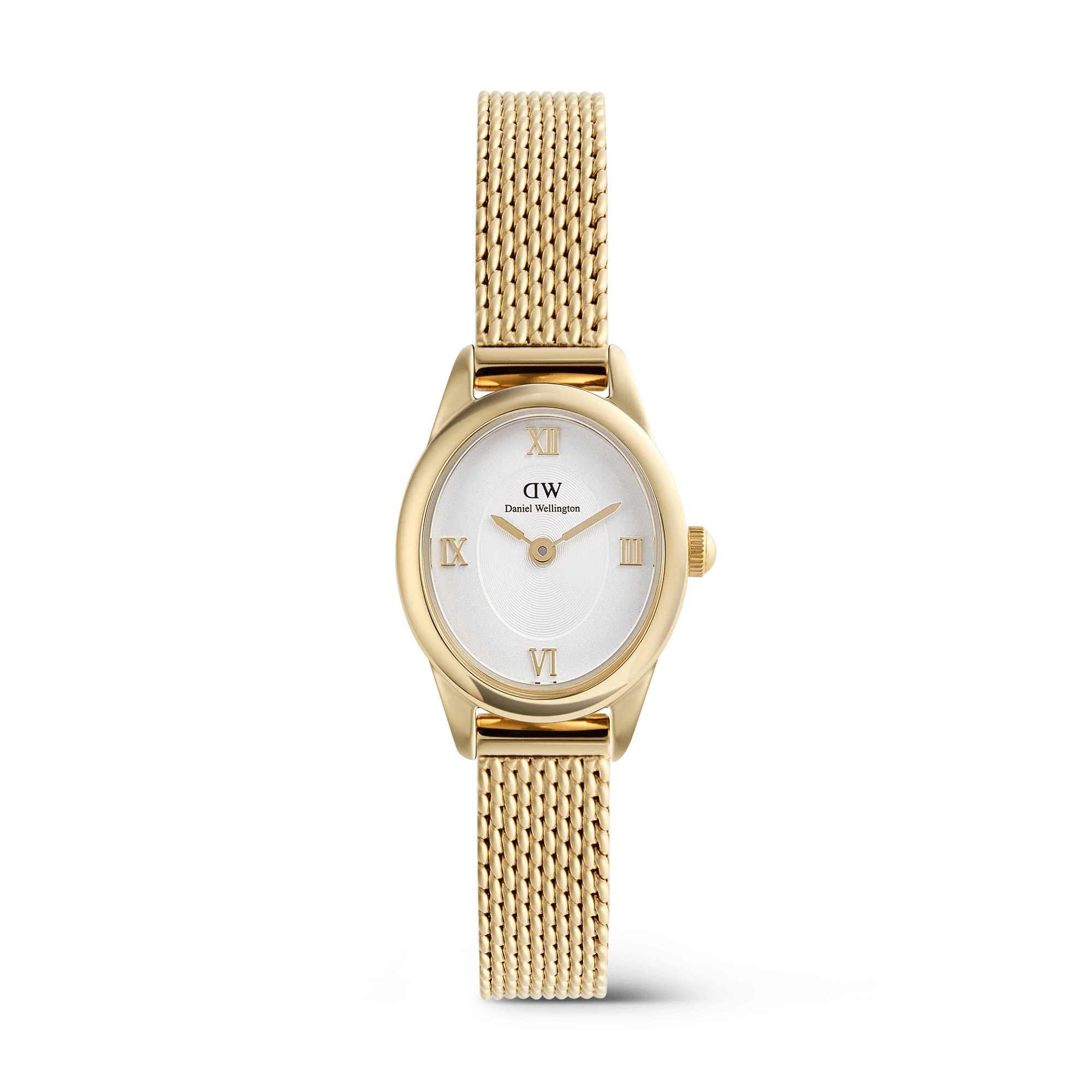 Het Daniel Wellington Horloge Ophelia Mesh Goud, modelnummer DW00100939, heeft een stijlvolle, gouden roestvrijstalen Milanese Mesh band en een witte wijzerplaat met Romeinse cijfers. De kast is ovaal, goudkleurig en gemaakt van roestvrij staal. Het horloge heeft een kwartsuurwerk, mineraalglas en 3 ATM waterbestendigheid. Perfect voor elegante en verfijnde outfits. Geen datumfunctie aanwezig.