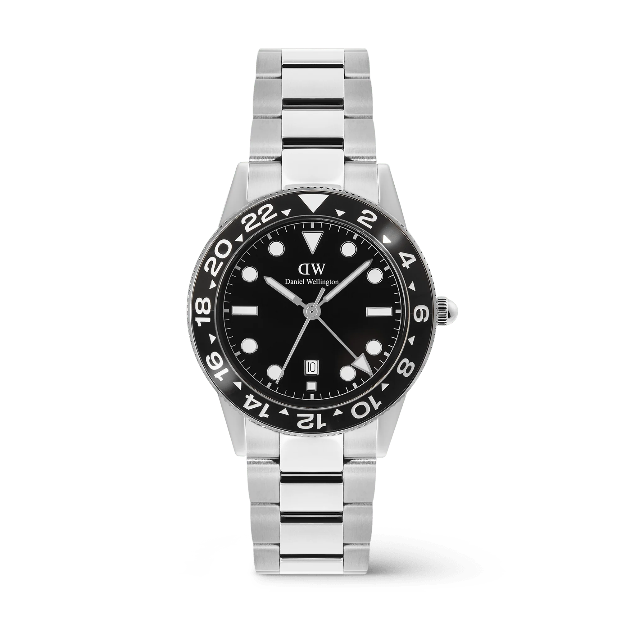 De Daniel Wellington Horloge Iconic GMT Link Black Ceramic Bezel Silver (modelnummer DW00100919) heeft een zwart ronde kast van roestvrij staal, een zwart wijzerplaat, zilverkleurige roestvrijstalen band en kwartsbeweging. Het is waterbestendig tot 10 ATM en heeft een datumaanduiding. Ideaal te dragen bij zowel formele als informele gelegenheden voor stijlvolle veelzijdigheid.