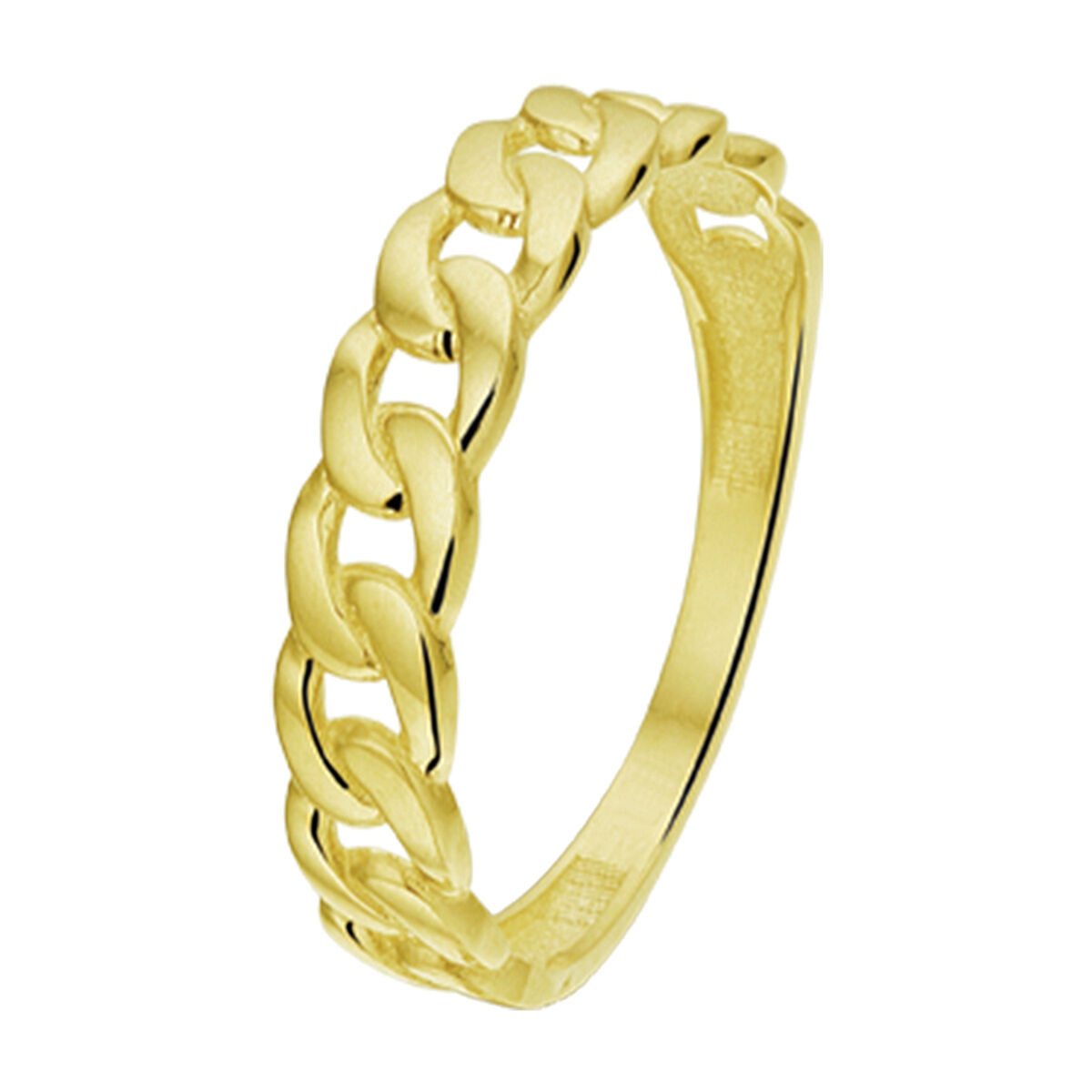 Geelgouden ring van 4mm breed uitgevoerd in een gourmet schakelmotief.