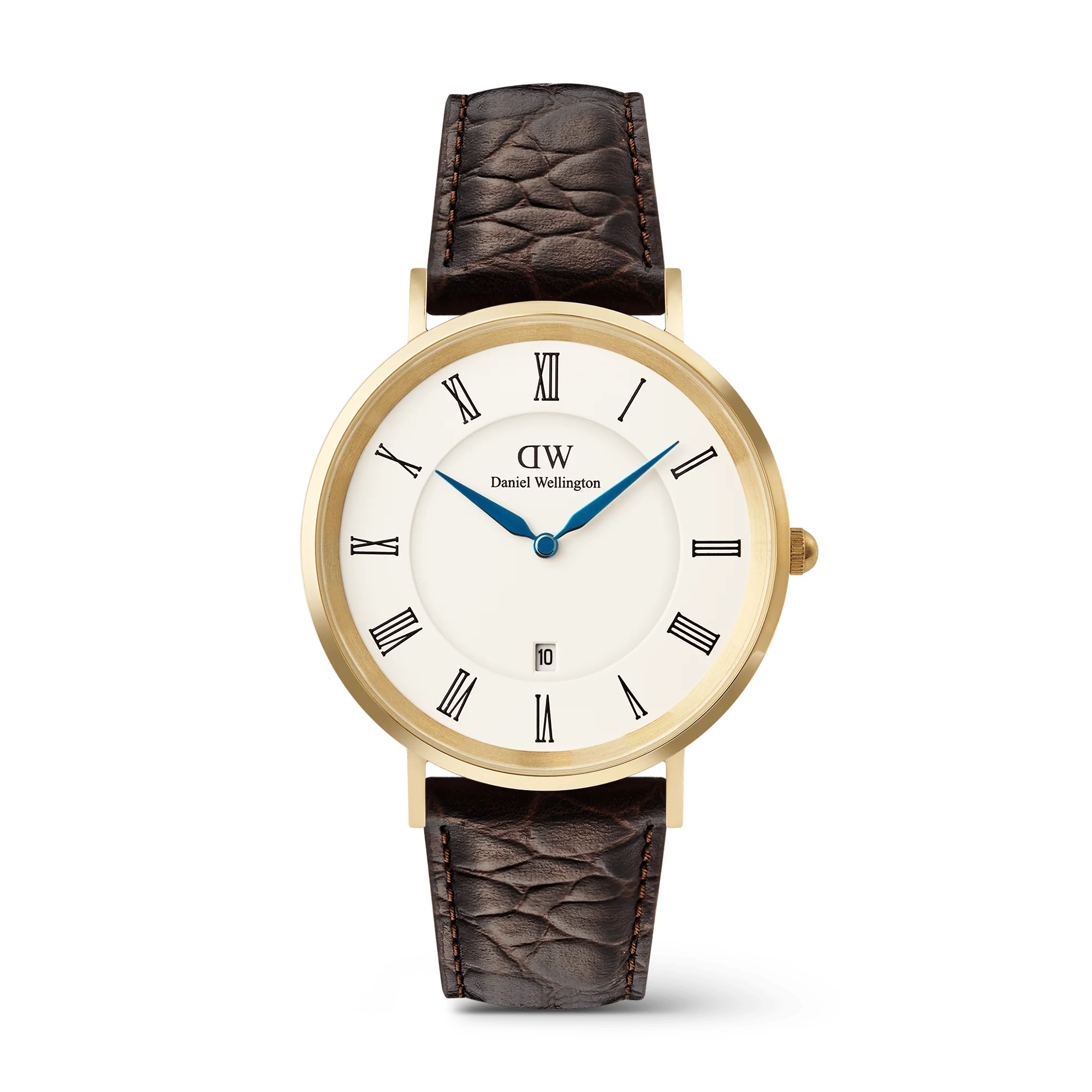 De Daniel Wellington Horloge Classic RN Date Croco Bruin Goud (modelnummer DW00100912) beschikt over een gouden roestvrijstalen kast, witte wijzerplaat met Romeinse cijfers, en een bruine lederen band. Hij is analoog met een datumfunctie en mineraalglas. Het beste te dragen bij zowel formele als casual outfits voor een stijlvolle uitstraling. Waterbestendigheid van niveau 3.