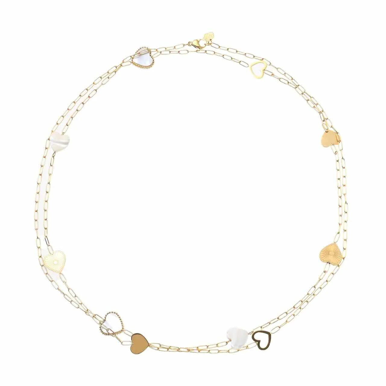 De Rose & Camellia Collier Edelstaal Verguld Hartjes Wit Goud 100cm, modelnummer 1110331210951, is een prachtige ketting van edelstaal met hartjes in wit met goud. Ideaal voor dagelijks gebruik of speciale gelegenheden. Draag deze elegante ketting solo of combineer met andere sieraden voor een stijlvolle look. Perfect als romantisch cadeau of persoonlijke toevoeging aan je collectie.