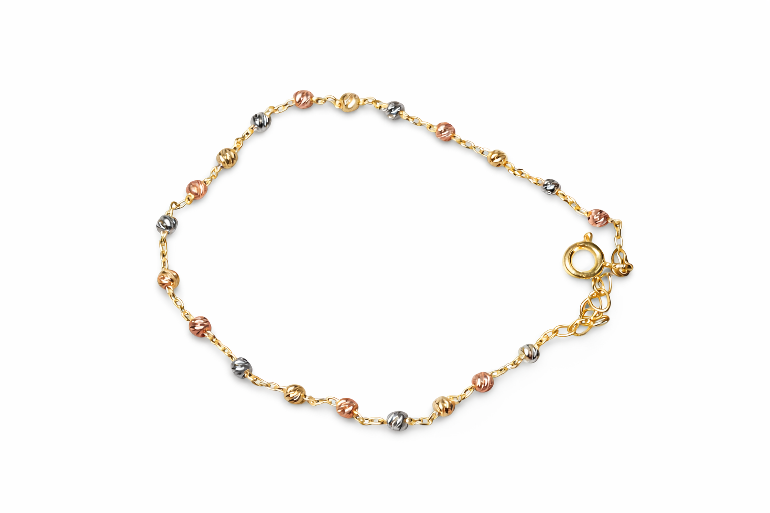 Geelgouden armband met kleur steentjes. Lengte van de armband is verstelbaar van 16-19 cm