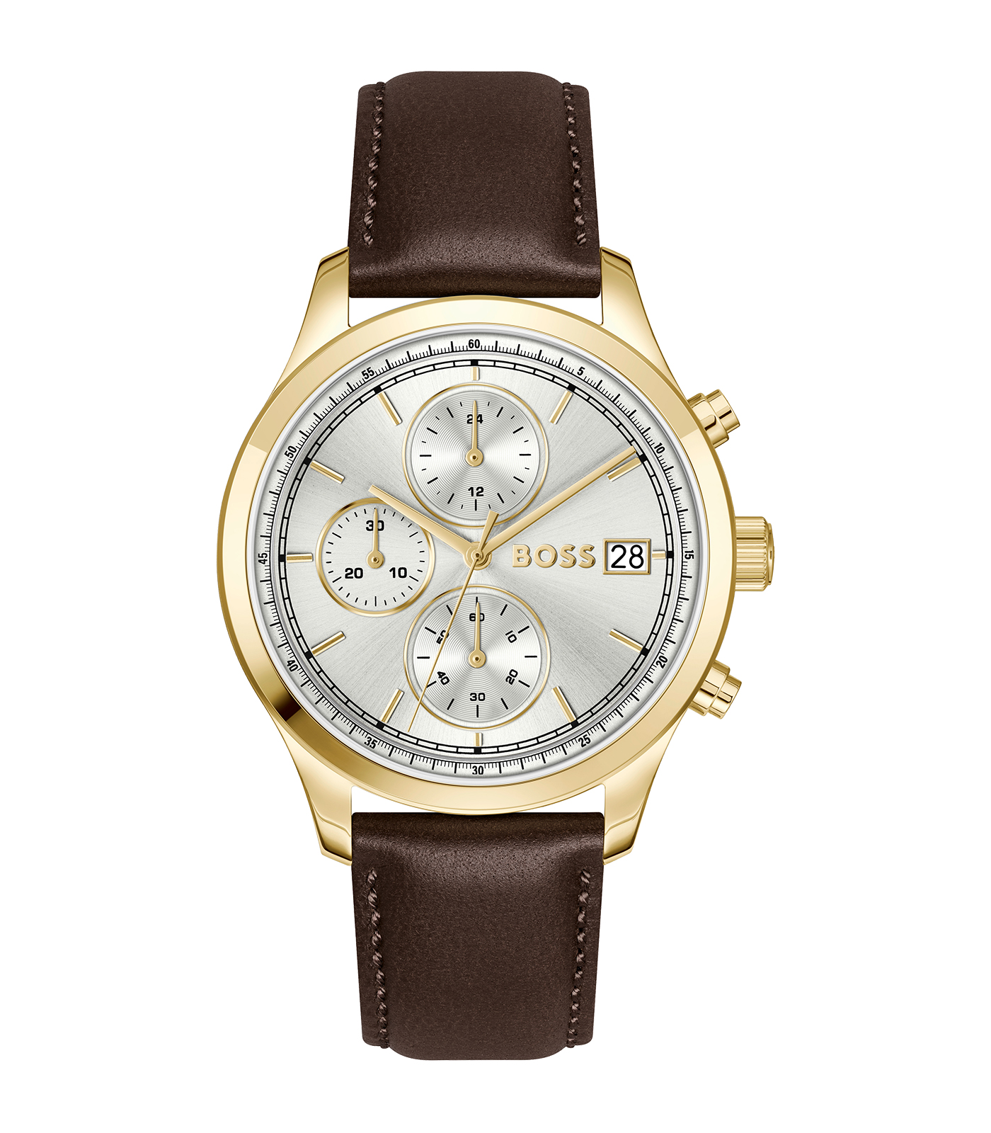 Dit Hugo Boss Heren Horloge model 1514327, beschikt over een 41mm roestvrijstalen kast met een goudkleurige afwerking. Het heeft een bruine leren band, een witte wijzerplaat met strepen, en biedt chronograaf multifunctionaliteit. Het horloge is 5ATM waterdicht, met mineraalglas en een quartz uurwerk. Perfect voor zowel zakelijke als casual gelegenheden. Draag hem met een chic of informeel outfit.