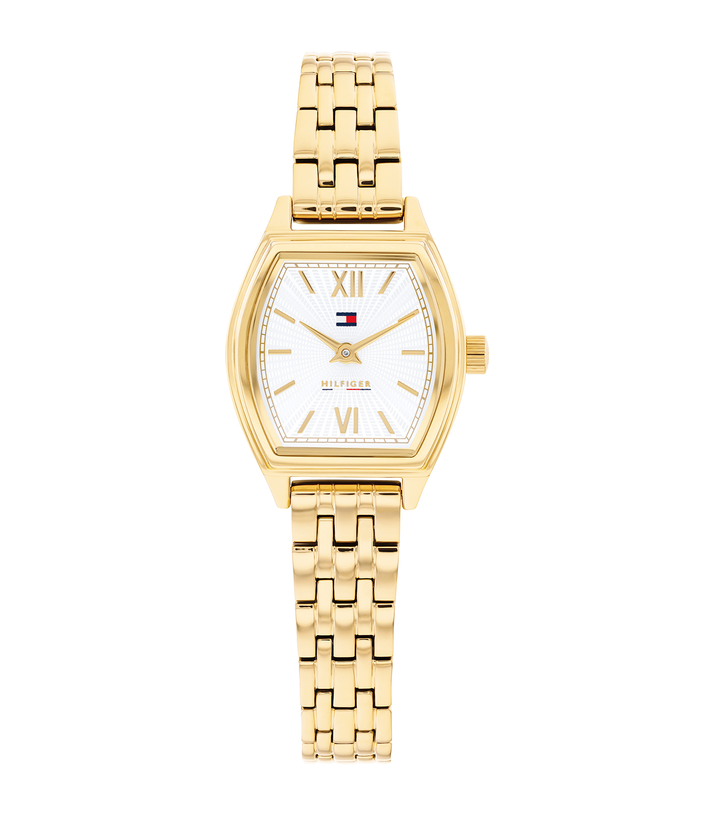 Dit Tommy Hilfiger Goudkleurig Dameshorloge, model 1782870, heeft een elegante tonneau-vormige roestvrijstalen kast en een goudkleurige band. Met een witte wijzerplaat, Romeinse indexen en analoge aanduiding, straalt het klassieke verfijning uit. Zonder datum- of lichtfunctie, perfect voor formele gelegenheden of dagelijks gebruik. Combineer met stijlvolle accessoires voor een chique look.