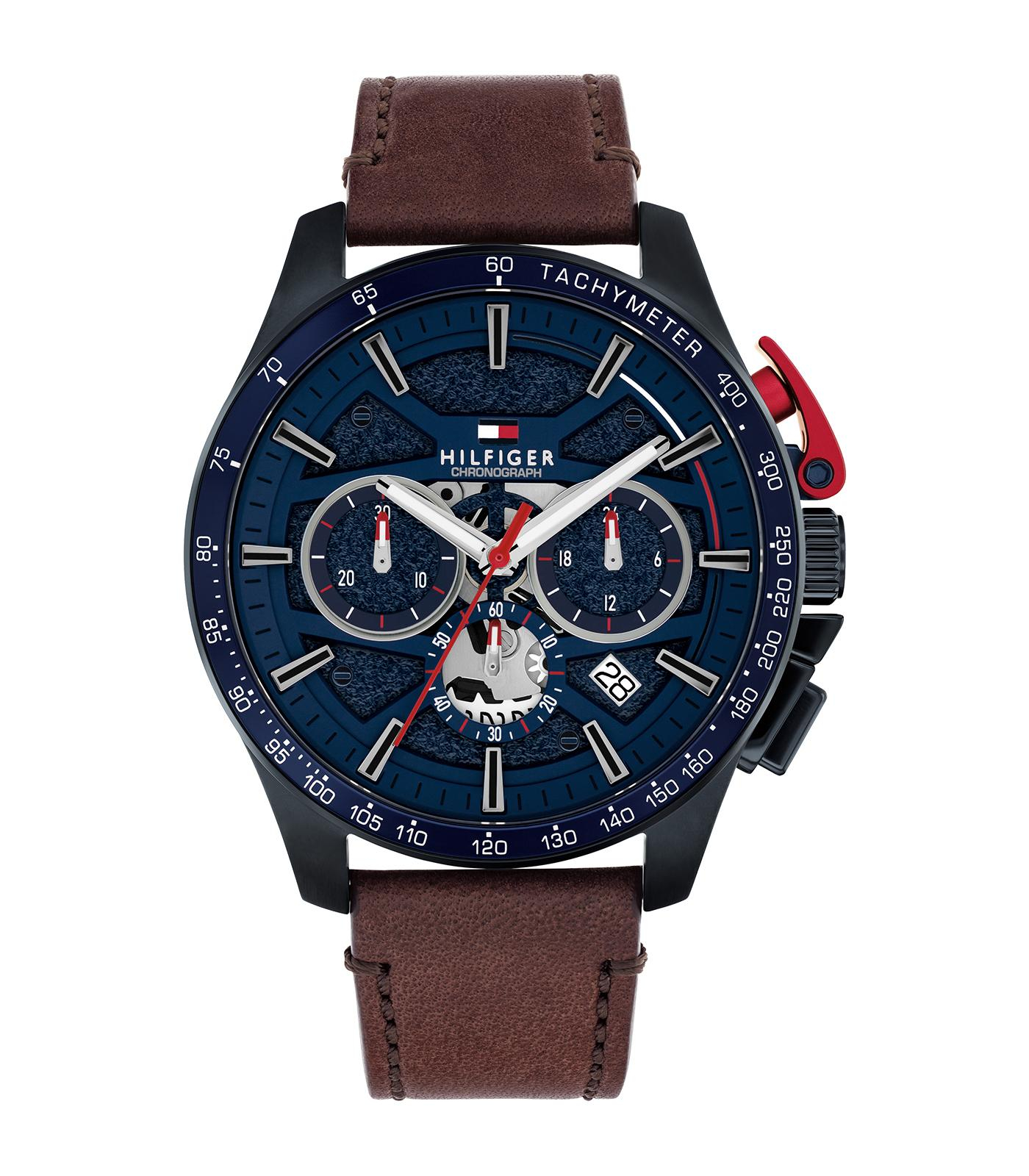 chrono-bruin lederen armband-blauw pvd stalen kast-blauw wijzerplaat-datum- 44mm-5atm