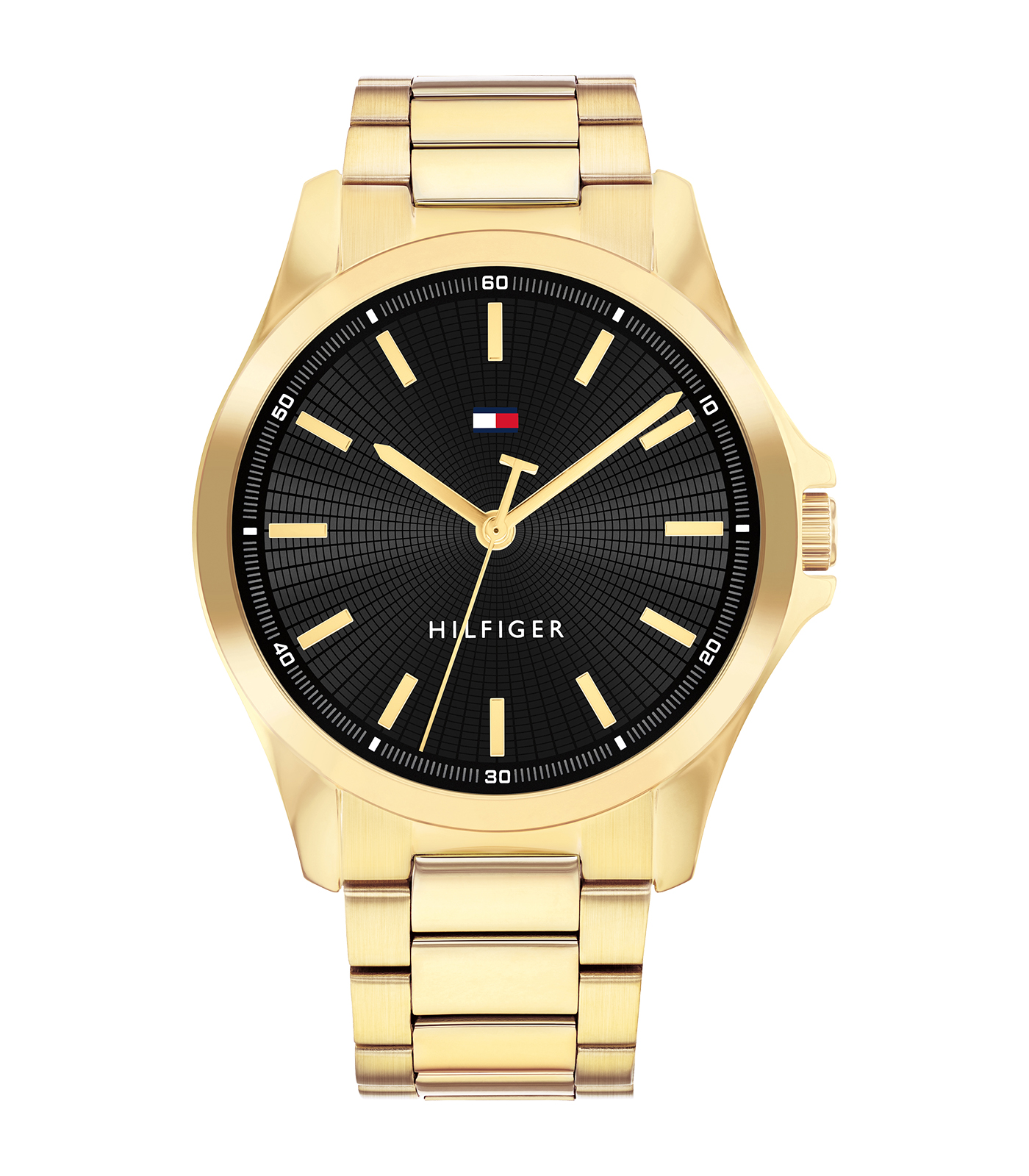 De Tommy Hilfiger Heren Horloge 792241 is een stijlvol polshorloge met een gouden roestvrijstalen kast en armband, een zwarte wijzerplaat met strepen index en analoge aanduiding. Zonder datum- of lichtfunctie, waterbestendig tot 3 bar. Met zijn elegante uitstraling is dit horloge ideaal voor formele gelegenheden of zakelijke bijeenkomsten, en voegt het een vleugje luxe toe aan elke outfit.