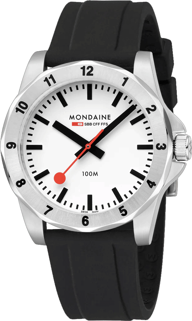 Mondaine MSN.4211B.RB Horloge - Siliconen - Zwart - 42mm  
Dit unieke Mondaine horloge met nummer: MSN.4211B.RB uit de Numeri serie is de nieuwste uitvoering in het sport segment en kenmerkt de lifestyle van vandaag. Het horloge is geschikt voor mannen en vrouwen. De zilverkleurige horlogekast heeft een bedrukte bezel, een beschermde kroon en een witte wijzerplaat met backlight. Op de wijzerplaat is de uursaanduiding met zwarte strepen duidelijk zichtbaar met als blikvanger de rode secondewijzer, net als de wel bekende stationsklok. Aan de kast zit een zwarte siliconen band met easycklick en een gespsluiting. Het horloge is Swiss Made, heeft een saffierglas met anti-reflexi coating, een doorsnee van 42mm en is 10ATM. 

Het Merk:
The Official Swiss Railway Watch. Gebaseerd op de offici&euml;le stationsklok van de Zwitserse spoorwegen, is 30 jaar geleden de horlogelijn onder het merk Mondaine opgezet. Zwitserse kwaliteitsuurwerken, net zo punctueel als de Zwitserse treinen. Een echte design klassieker met een unieke wijzerplaat en de wereldberoemde rode secondewijzer met bolletje. Herkenbaar uit duizenden.

Specificaties:
- Saffierglas
- Witte wijzerplaat
- Swiss Made
- 10ATM (Geschikt om mee te zwemmen en snorkelen)
- 42mm