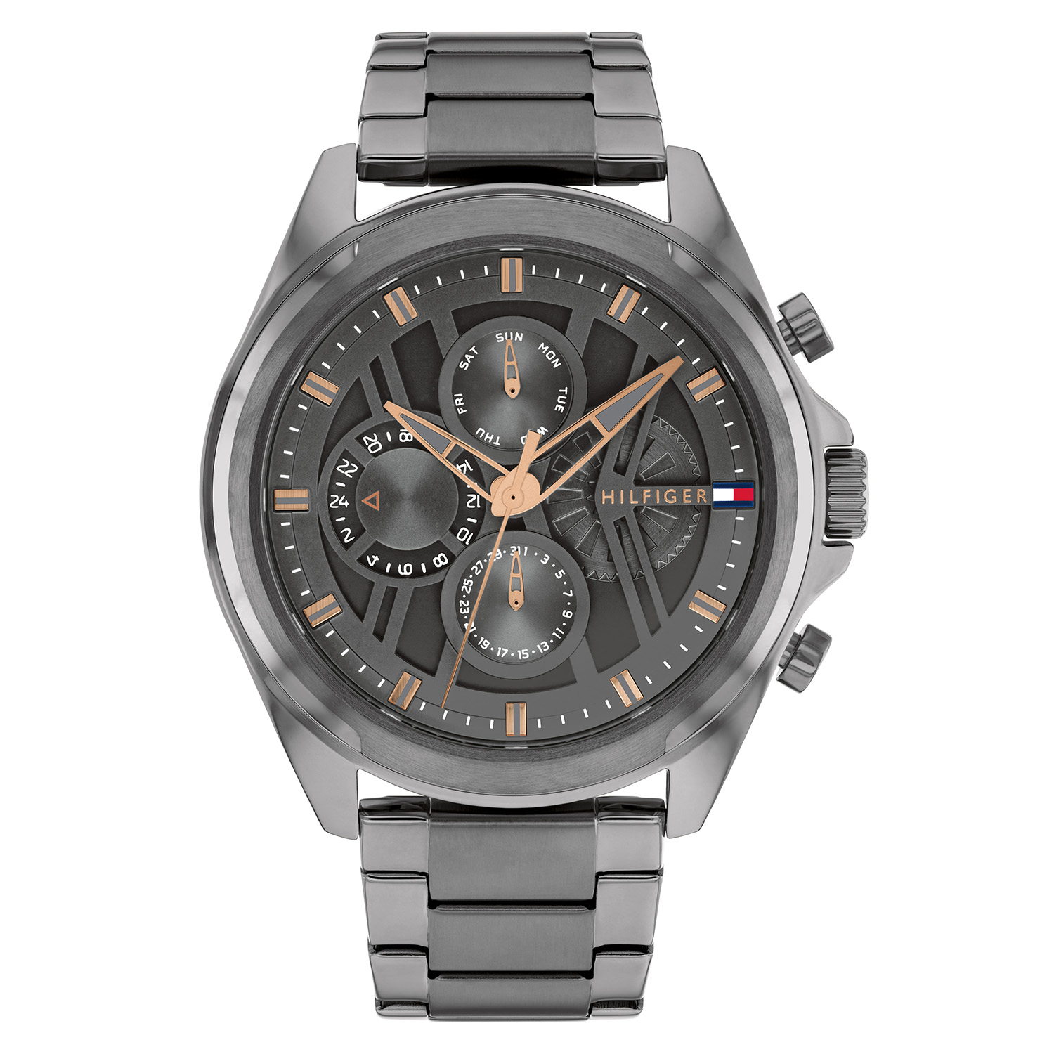Tommy Hilfiger TH1710657 Horloge Heren Staal Goudkleurig 48mm
Dit specifieke horloge van Tommy Hilfiger uit de Jax serie met artikelnr: TH1710657 is een luxe herenhorloge die niet in je collectie mag ontbreken. Het stalen herenhorloge heeft een ronde grijze kast met een matte bezel en een grijze dubbele wijzerplaat met dag, datum en 24-uursaanduiding. Aan de kast zit een grijze mat glanzende schakelband met vouwsluiting. Het horloge heeft een mineraalglas, een doorsnee van 48mm en is 5ATM.  

Het merk:
Sinds de lancering van het merk in 1985 is Tommy Hilfiger wereldwijd bekend geworden als pionier van de klassieke Amerikaanse coole stijl. Ge&iuml;nspireerd door de iconische popcultuur en het Amerikaanse erfgoed. De dames en herencollectie van dit seizoen bestaan uit minimalistische silhouetten en rustieke lederen details. De herenhorlogecollectie biedt iconische uurwerken met roestvrijstalen, lederen en siliconen banden.

Specificaties:
- Mineraalglas
- Ronde kast 48mm
- Grijze horlogekast
- Grijze wijzerplaat
- Grijze schakelband 
- 5ATM
