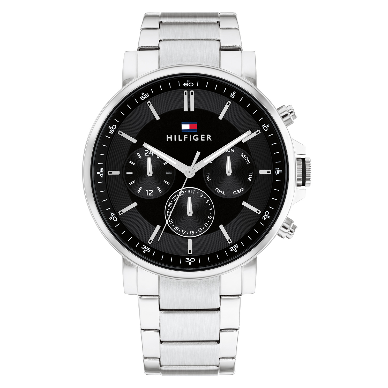 Tommy Hilfiger TH1710667 Horloge Heren Staal Zilverkleurig 44mm
Dit specifieke horloge van Tommy Hilfiger uit de Tyson serie met artikelnr: TH1710667 is een casual herenhorloge die niet in je collectie mag ontbreken. Het stalen herenhorloge heeft een ronde zilverkleurige kast met een gladde bezel en een zwarte wijzerplaat met dag,- datum en 24-uursaanduiding en zilverkleurige wijzers en accenten. De zilverkleurige schakelband is op lengte verstelbaar en heeft een vouwsluiting. Het horloge heeft een mineraalglas, een doorsnee van 44mm en is 5ATM. 

Het merk:
Sinds de lancering van het merk in 1985 is Tommy Hilfiger wereldwijd bekend geworden als pionier van de klassieke Amerikaanse coole stijl. Ge&iuml;nspireerd door de iconische popcultuur en het Amerikaanse erfgoed. De dames en herencollectie van dit seizoen bestaan uit minimalistische silhouetten en rustieke lederen details. De herenhorlogecollectie biedt iconische uurwerken met roestvrijstalen, lederen en siliconen banden.

Specificaties:
- Mineraalglas
- Ronde kast 44mm
- Zilverkleurige horlogekast
- Zwarte wijzerplaat
- Zilverkleurige schakelband 
- 5ATM