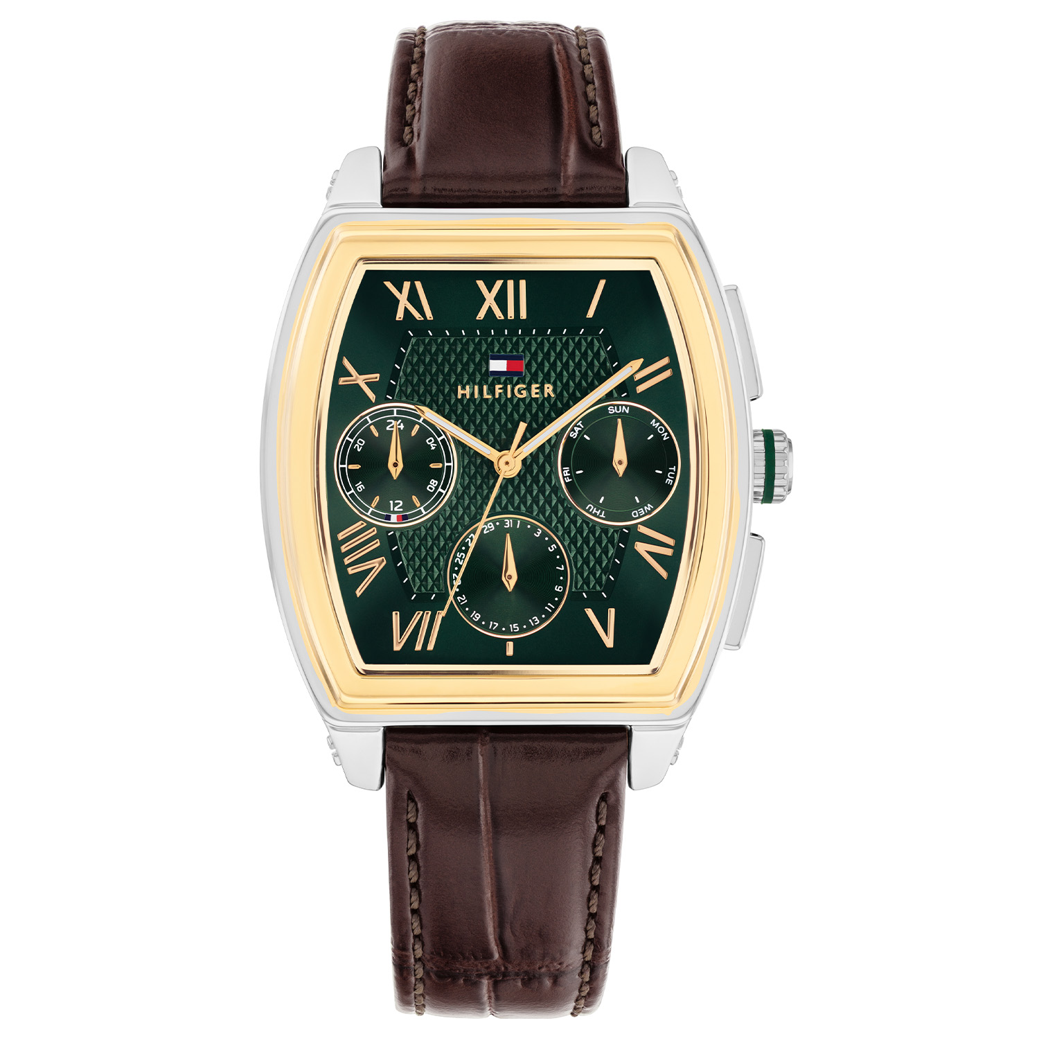 Tommy Hilfiger TH1710762 Horloge Heren Staal Bicolor 36mm
Elegant: Dit zilverkleurige herenhorloge straalt finesse uit en maakt elke outfit stijlvol compleet. Het stalen herenhorloge uit de TH Oxfort serie heeft een ronde rechthoekige stalen kast met een matte goudkleurige bezel. Op de groene sunray wijzerplaat zit een dag, datum en 24-uursaanduiding. Opvallend zijn de romeinse cijfers die uren weergeven. Aan de kast zit een bruine lerenband met een gespsluiting. Het horloge heeft een mineraalglas, een afmeting van 36mm en is 3ATM.  

Het merk: 
Sinds de lancering van het merk in 1985 is Tommy Hilfiger wereldwijd bekend geworden als pionier van de klassieke Amerikaanse coole stijl. Ge&iuml;nspireerd door de iconische popcultuur en het Amerikaanse erfgoed. De dames en herencollectie van dit seizoen bestaan uit minimalistische silhouetten en rustieke lederen details. De herenhorlogecollectie biedt iconische uurwerken met roestvrijstalen, lederen en siliconen banden.

Specificaties:
- Mineraalglas
- Rechthoekige kast 36mm
- Zilverkleurige kast
- Blauwe wijzerplaat
- Bruine lerenband 
- 3ATM