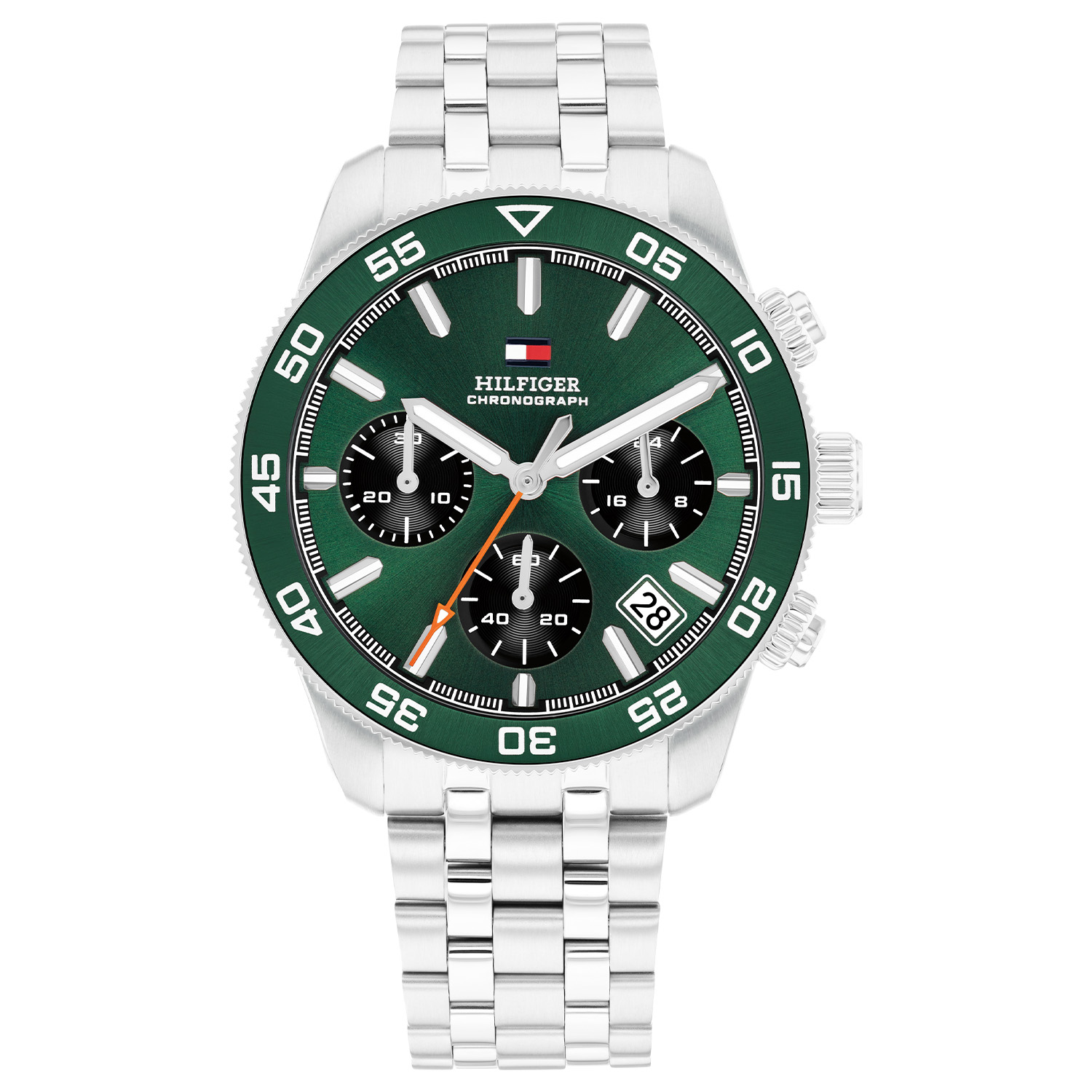 Tommy Hilfiger TH1792214 Horloge Heren Staal 41mm
Dit specifieke horloge van Tommy Hilfiger uit de TH85 Chronograph serie met artikelnr: TH1792214 is een sportief herenhorloge die niet in je collectie mag ontbreken. Het stalen herenhorloge heeft een ronde stalen kast met een bedrukte groene aluminium bezel en een groene wijzerplaat met een datum, chronograaf en de wijzers ingelegd met lumibrite. Aan de kast zit een schakelband met een vouwsluiting. Het horloge heeft een mineraalglas, een afmeting van 41mm en is 5ATM.  

Het merk:
Sinds de lancering van het merk in 1985 is Tommy Hilfiger wereldwijd bekend geworden als pionier van de klassieke Amerikaanse coole stijl. Ge&iuml;nspireerd door de iconische popcultuur en het Amerikaanse erfgoed. De dames en herencollectie van dit seizoen bestaan uit minimalistische silhouetten en rustieke lederen details. De herenhorlogecollectie biedt iconische uurwerken met roestvrijstalen, lederen en siliconen banden.

Specificaties:
- Mineraalglas
- Ronde kast 41mm
- Stalen kast
- Groene wijzerplaat
- Stalen schakelband
- Chronograaf 
- 5ATM