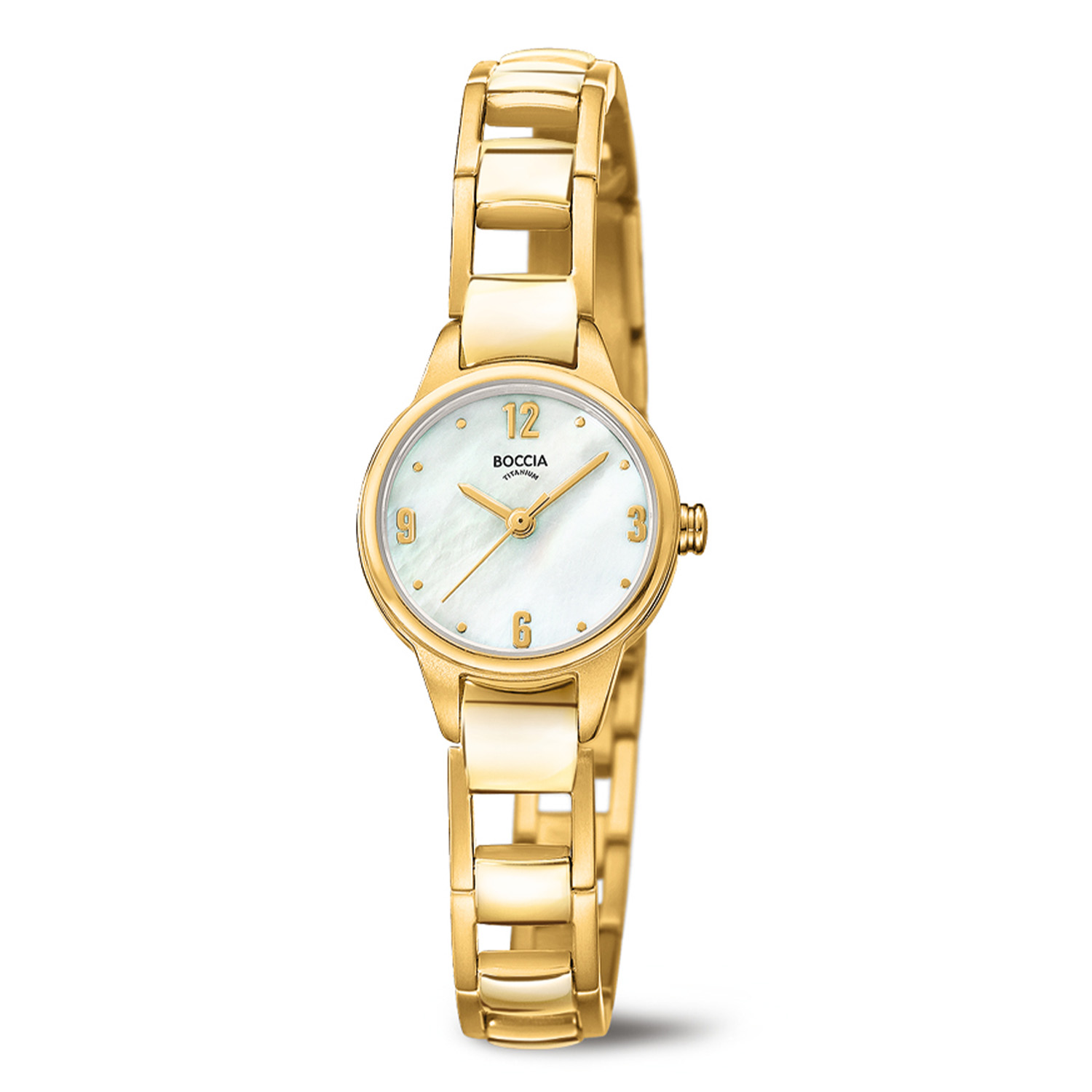 Boccia horloge, titanium verguld, open gewerkte band, ronde kast, parelmoer wijzerplaat