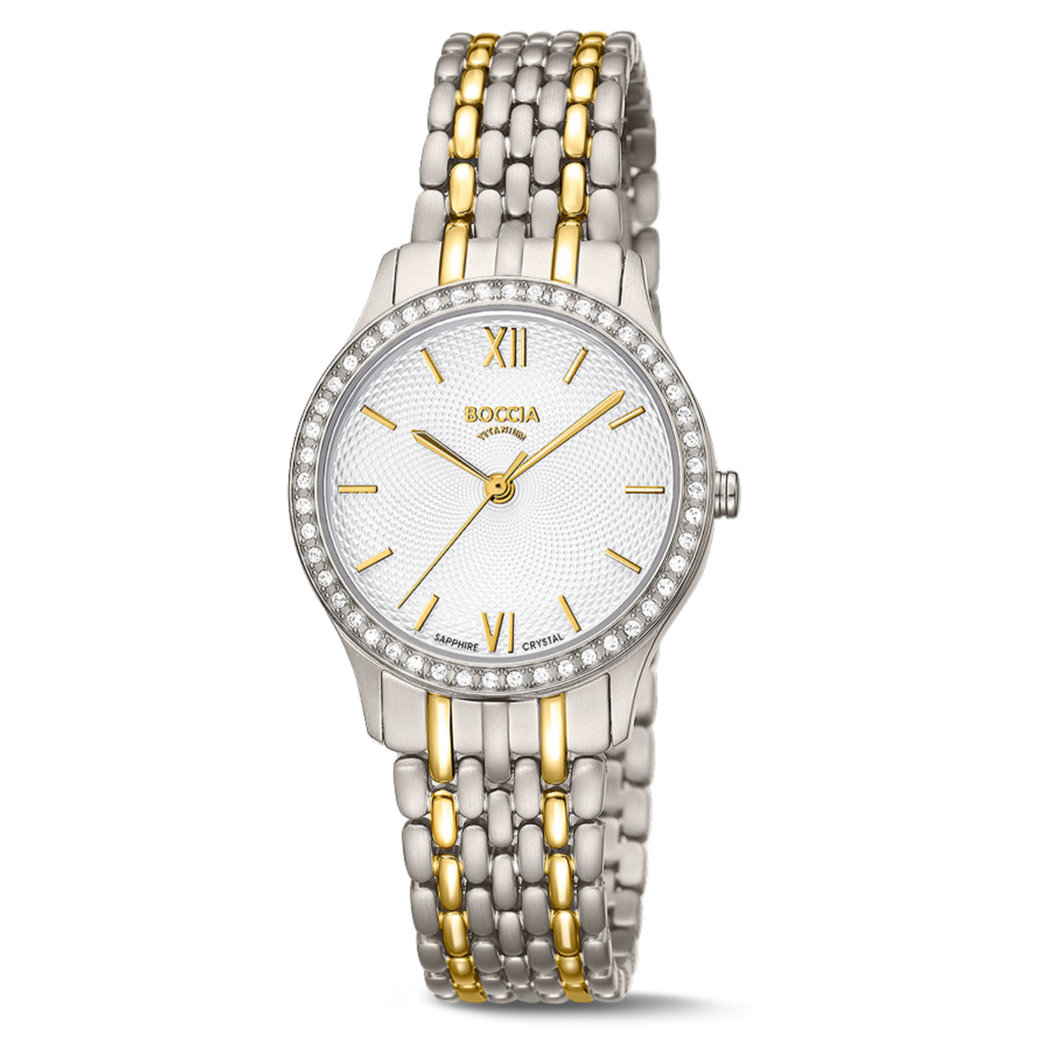 Boccia Titanium Dameshorloge 3376-02 &Oslash;30
Op zoek naar een stijlvol horloge met een chique design? Dan is de 3376-02 de perfecte keuze! Het bicolor dameshorloge is gemaakt van titanium en heeft een zilverwitte wijzerplaat, een saffierglas en is 5ATM. De bezel is volgezet met 48 sprankelende kristallen. Combineer dit prachtige exemplaar met de andere sieraden van Boccia Titanium voor een complete look. 

HET MERK Boccia Titanium is het titanium merk van Nederland, dat zijn oorsprong in Duitsland vindt en is opgericht in het jaar 1992. Ontwikkeld door internationale ontwerpers. Alle titanium componenten van de BOCCIA TITANIUM collectie zijn gemaakt van 99,7% puur titanium; het bijzondere materiaal. Het is licht in gewicht, neemt de temperatuur van de huid aan en is zeer huidvriendelijk. Bovendien is het corrosie- en temperatuurbestendig. 

SPECIFICATIES 
- Saffierglas 
- Ronde  titanium horlogekast, &Oslash; 30mm 
- Bicolor titanium horlogeband 
- Zilverwitte wijzerplaat 
- 5 ATM (Regen- & spatwaterdicht)