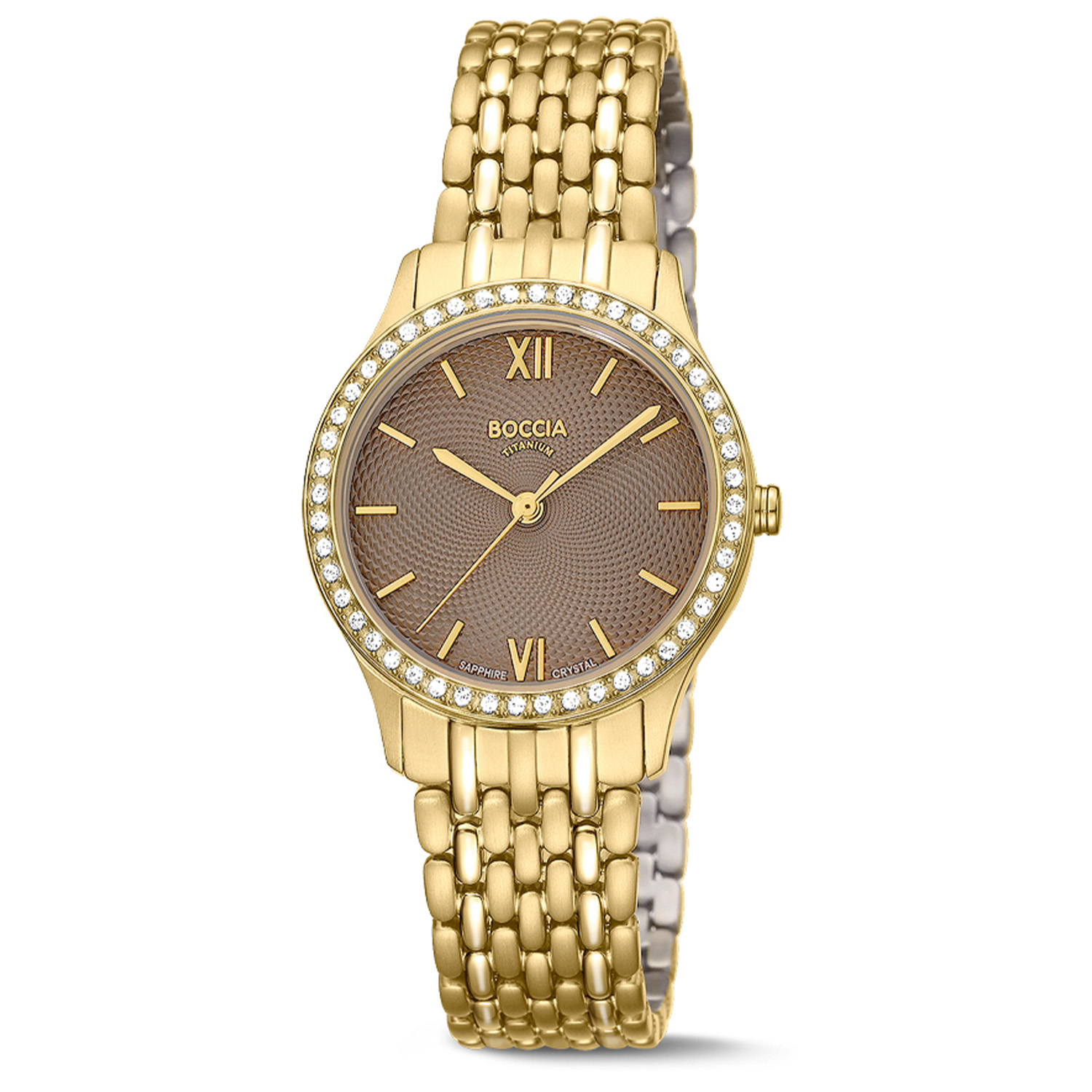 Boccia Titanium Dameshorloge 3376-03 &Oslash;30
Op zoek naar een stijlvol horloge met een chique design? Dan is de 3376-03 de perfecte keuze! Het goudkleurige dameshorloge is gemaakt van titanium en heeft een bruine wijzerplaat, een saffierglas en is 5ATM. De bezel is volgezet met 48 sprankelende kristallen. Combineer dit prachtige exemplaar met de andere sieraden van Boccia Titanium voor een complete look. 

HET MERK Boccia Titanium is het titanium merk van Nederland, dat zijn oorsprong in Duitsland vindt en is opgericht in het jaar 1992. Ontwikkeld door internationale ontwerpers. Alle titanium componenten van de BOCCIA TITANIUM collectie zijn gemaakt van 99,7% puur titanium; het bijzondere materiaal. Het is licht in gewicht, neemt de temperatuur van de huid aan en is zeer huidvriendelijk. Bovendien is het corrosie- en temperatuurbestendig. 

SPECIFICATIES 
- Saffierglas 
- Ronde  titanium horlogekast, &Oslash; 30mm 
- Goudkleurige titanium horlogeband 
- Bruine wijzerplaat 
- 5 ATM (Regen- & spatwaterdicht)