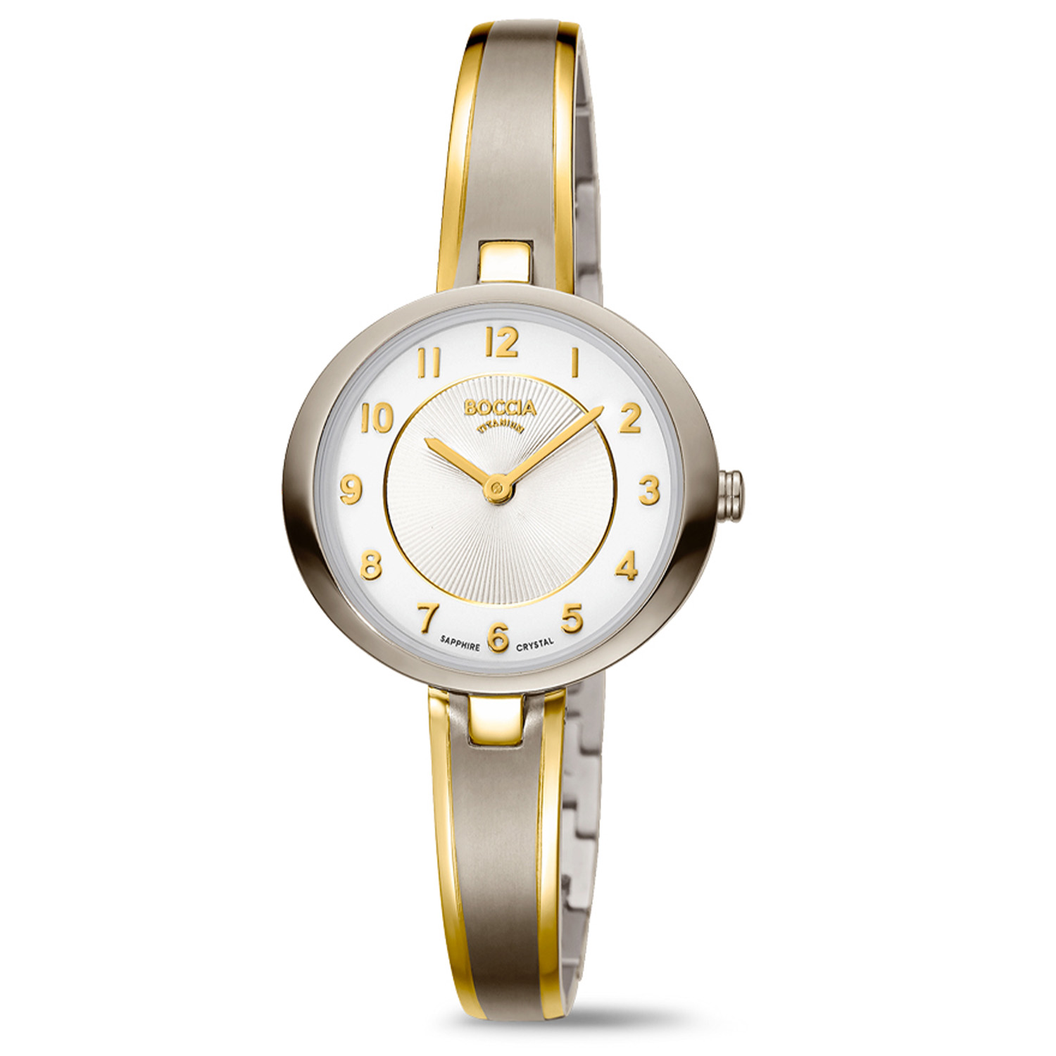 Boccia Titanium Dameshorloge 3377-01 &Oslash;29
Op zoek naar een stijlvol horloge met een chique design? Dan is de 3377-01 de perfecte keuze! Het bicolor dameshorloge is gemaakt van titanium en heeft een witte wijzerplaat, een saffierglas en is 5ATM. De bangle horlogeband sluit perfect aan het ronde kastje. Combineer dit prachtige exemplaar met de andere sieraden van Boccia Titanium voor een complete look. 

HET MERK Boccia Titanium is het titanium merk van Nederland, dat zijn oorsprong in Duitsland vindt en is opgericht in het jaar 1992. Ontwikkeld door internationale ontwerpers. Alle titanium componenten van de BOCCIA TITANIUM collectie zijn gemaakt van 99,7% puur titanium; het bijzondere materiaal. Het is licht in gewicht, neemt de temperatuur van de huid aan en is zeer huidvriendelijk. Bovendien is het corrosie- en temperatuurbestendig. 

SPECIFICATIES 
- Saffierglas 
- Ronde  titanium horlogekast, &Oslash; 29mm 
- Bicolor titanium horlogeband 
- Witte wijzerplaat 
- 5 ATM (Regen- & spatwaterdicht)