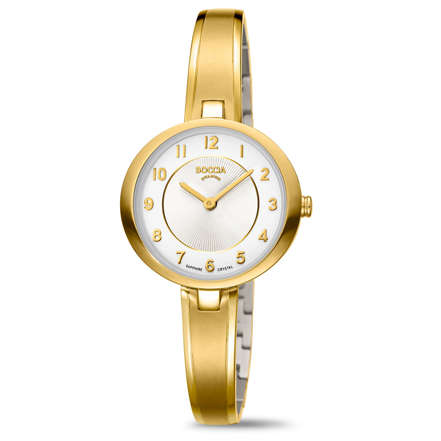 Boccia Titanium Dameshorloge 3377-02 &Oslash;29
Op zoek naar een stijlvol horloge met een chique design? Dan is de 3377-02 de perfecte keuze! Het goudkleurige dameshorloge is gemaakt van titanium en heeft een witte wijzerplaat, een saffierglas en is 5ATM. De bangle horlogeband sluit perfect aan het ronde kastje. Combineer dit prachtige exemplaar met de andere sieraden van Boccia Titanium voor een complete look. 

HET MERK Boccia Titanium is het titanium merk van Nederland, dat zijn oorsprong in Duitsland vindt en is opgericht in het jaar 1992. Ontwikkeld door internationale ontwerpers. Alle titanium componenten van de BOCCIA TITANIUM collectie zijn gemaakt van 99,7% puur titanium; het bijzondere materiaal. Het is licht in gewicht, neemt de temperatuur van de huid aan en is zeer huidvriendelijk. Bovendien is het corrosie- en temperatuurbestendig. 

SPECIFICATIES 
- Saffierglas 
- Ronde  titanium horlogekast, &Oslash; 29mm 
- Goudkleurige titanium horlogeband 
- Witte wijzerplaat 
- 5 ATM (Regen- & spatwaterdicht)