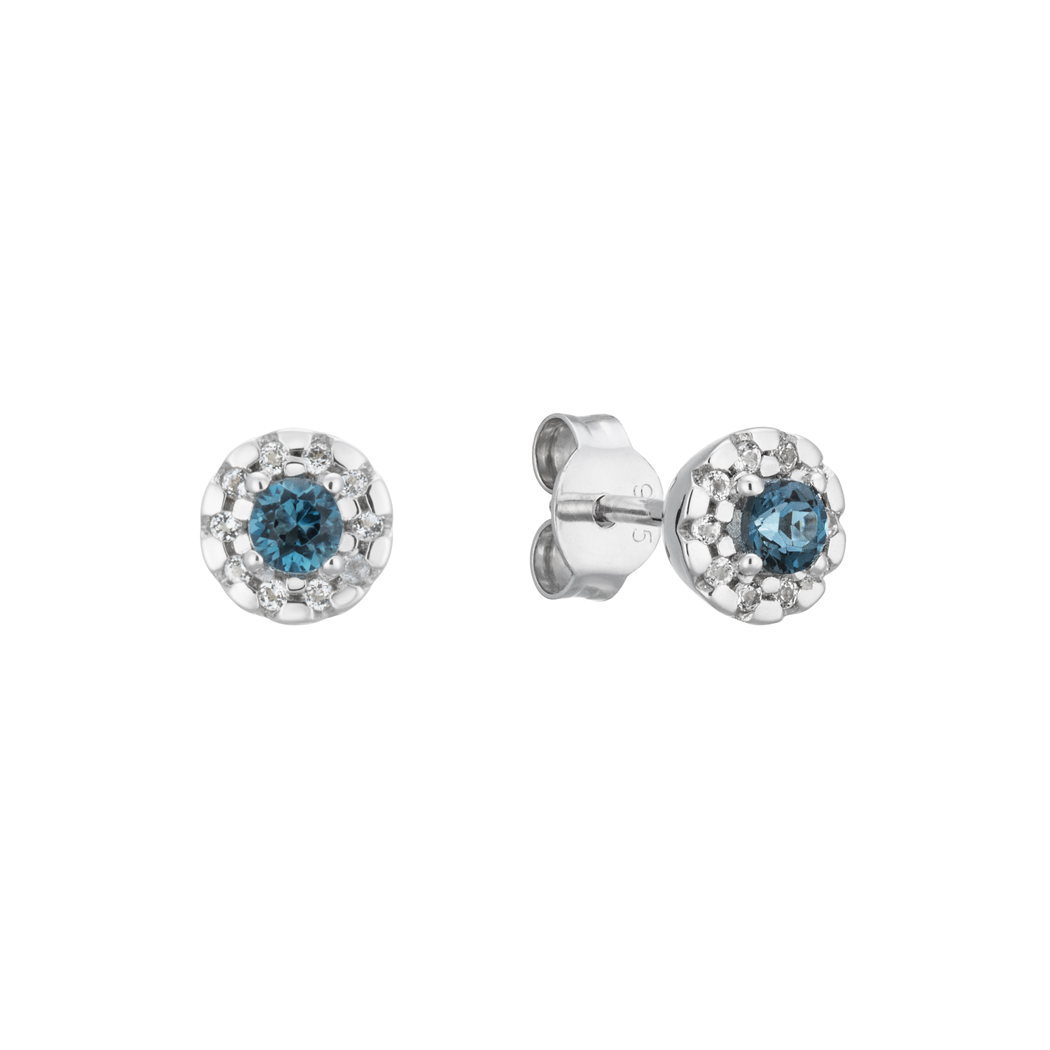 Zilver Gerhodineerde Oorstekers Rond met Londoen Blue Topaas 