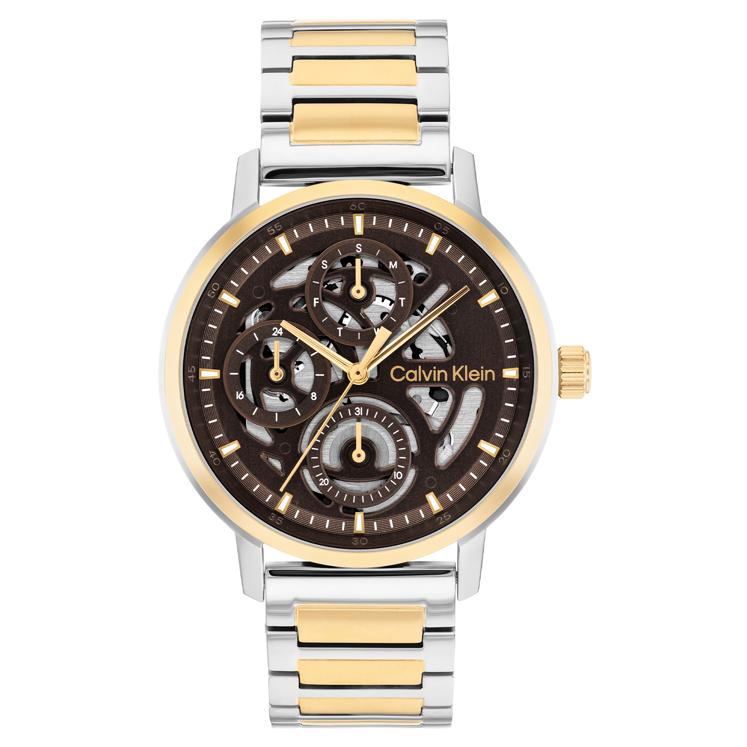 Calvin Klein CK25200564 Heren Horloge 41mm
Dit Calvin Klein herenhorloge met nr CK25200564 heeft een stoer uiterlijk. Het stalen horloge heeft een ronde kast met een opengewerkte bruine wijzerplaat met dag, datum en 24-uursaanduiding. Door de open wijzerplaat is het uurwerk zichtbaar, een speels geheel. Aan de kast zit een strakke bicolor schakelband. Het horloge heeft een mineraalglas, een doorsnee van 41mm en is 3ATM.

OVER CALVIN KLEIN
Calvin Klein is een wereldwijd lifestylemerk dat gewaagde, vooruitstrevende idealen en een verleidelijke, vaak minimalistische, esthetiek nastreeft. Calvin Klein werd groot in de jaren 70 door haar mode- en merkjeans collecties. In de jaren 80 lanceerde Calvin Klein haar spraakmakende ondergoed dat uitdrukkelijk van logo &rsquo;s voorzien was. Vanwege het grote succes is het merk ook succesvol uitgerold in Accessoires, Parfums, Home, Brillen, Golf, Horloges en Sieraden.
Sinds de oprichting in 1968 door Calvin Klein, heeft het merk haar reputatie opgebouwd als leider in de Amerikaanse mode, dankzij een cleane esthetiek en innovatieve ontwerpen. Calvin Klein wil haar publiek verleiden en inspireren door middel van provocerende beelden en opvallende ontwerpen die prikkelen. 

SPECIFICATIES:
- Mineraalglas
- Stalen kast
- Bruine wijzerplaat 
- Stalen band
- Ronde kastvorm, &Oslash; 41mm
- 3ATM