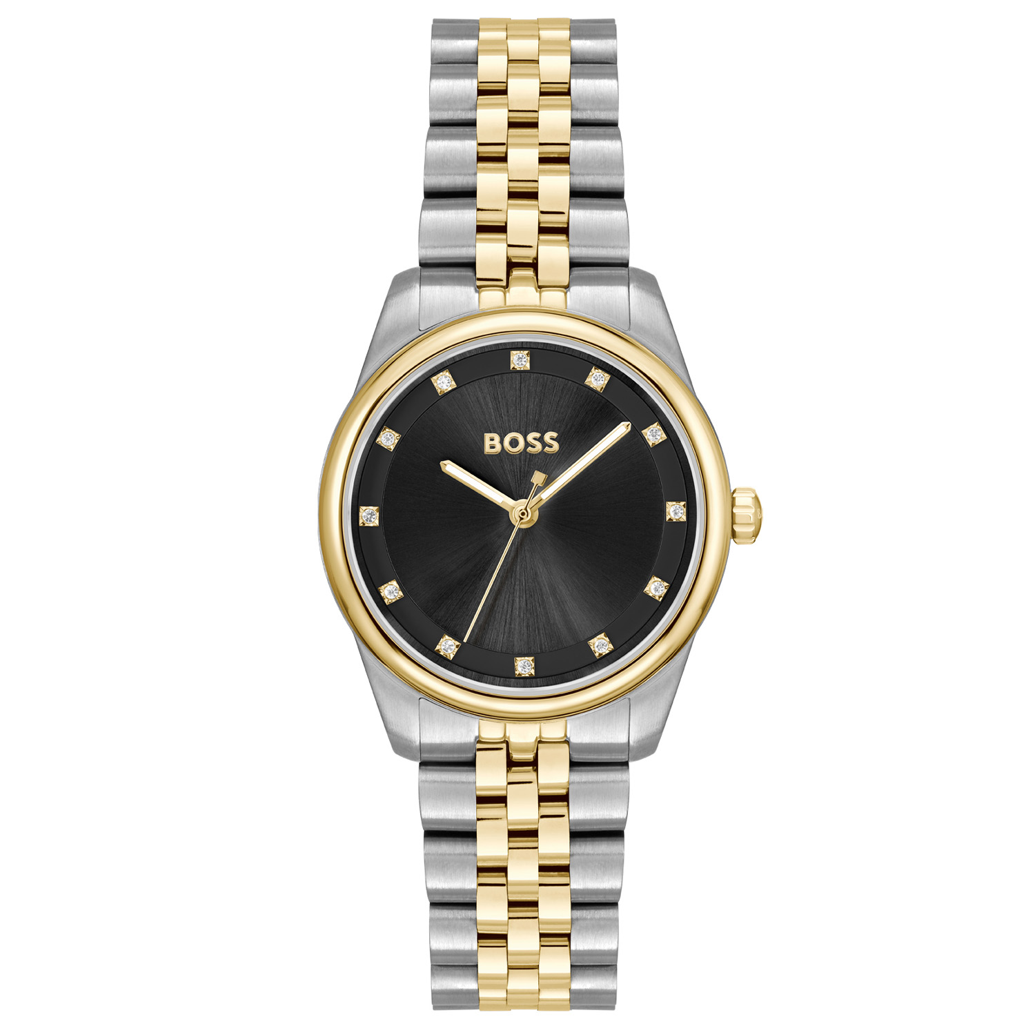 De BOSS GRACEFUL PRECIOUS is een stijlvol dameshorloge dat ontworpen is om subtiel op te vallen. De 32 mm stalen kast heeft een elegante ronding en wordt geaccentueerd door een goudkleurige bezel, wat het model een warme en luxe uitstraling geeft. De zwarte sunray wijzerplaat wordt versierd met fonkelende kristallen als uursaanduiding, waardoor het horloge bij iedere beweging een verfijnde schittering laat zien. De slanke wijzers en het ingetogen ontwerp houden het geheel modern en elegant. De bicolor stalen schakelband maakt het model compleet en zorgt voor een stijlvolle, sierlijke afwerking die past bij zowel dagelijkse outfits als meer formele gelegenheden. Dankzij 3 ATM waterbestendigheid is het horloge bestand tegen spatwater en geschikt voor dagelijks gebruik.
