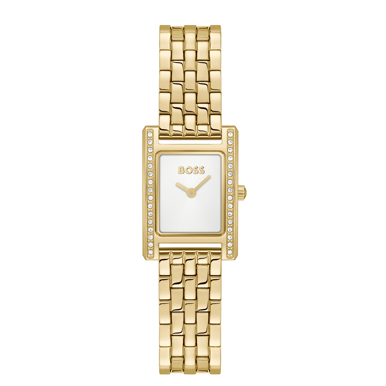 BOSS HB1502815 LUCY PRECIOUS Dameshorloge 18x26mm
Dit BOSS horloge uit de LUCY PRECIOUS serie met artikelnr: HB1502815 heeft een nette uitstraling. Geef jouw leven en style een boost met dit moderne en verfijnde strakke horloge. Een rechthoekig model met een feestelijke uitstraling door de kristallen, ontworpen om indruk te maken. Dit dameshorloge valt op door zijn stalen rechthoekige goudkleurige horlogekast met de zijranden bezet met kristallen,  een witte sunray wijzerplaat met enkel de wijzers en het BOSS logo. Aan de kast zit een goudkleurige schakelband met een vouwsluiting. Het horloge heeft een afmeting van 18x26mm met een mineraalglas en is 3ATM. 

HET MERK:
HUGO BOSS is afgestemd op levensstijlen waar het gaat om kwaliteit en precisie. Het wereldwijde fashionlabel is verdeeld in twee merken: BOSS en HUGO. Het merk BOSS biedt geavanceerde, moderne horloges gericht op kwaliteit en design om een onberispelijke look te cre&euml;ren &ndash; of het nu zakelijk, casual of sportief is. De horloge collectie van BOSS is perfect afgestemd op levensstijlen waar het gaat om kwaliteit en precisie. BOSS is op maat gemaakt in een onberispelijke stijl.

Blijf stijlvol bij de tijd. Voor de BOSS-vrouw is stijl het handelsmerk en draait alles om
details. Breng uw look naar een hoger niveau met onze nieuwe en kenmerkende horlogecollectie.

SPECIFICATIES:
- Mineraalglas
- Rechthoekige kastvorm, 18x26mm
- Stalen goudkleurige horlogekast
- Witte wijzerplaat
- Stalen goudkleurige schakelband
- Kristal  
- 3ATM