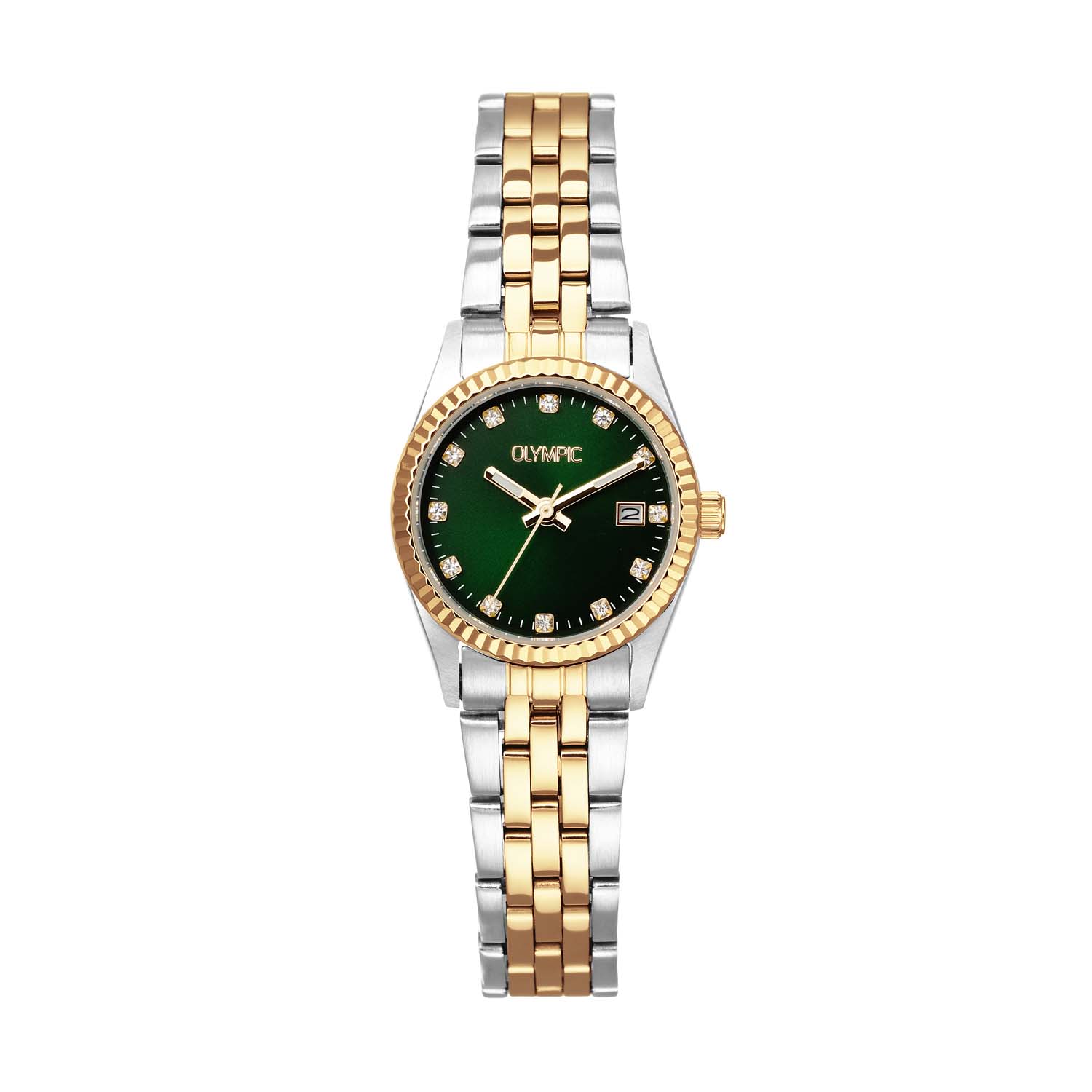 Olympic OL75DSD002B Novi Horloge Staal 26mm 
Dit unieke Olympic horloge met artikelnummer: OL75DSD002B is een dameshorloge met een chique sportieve uitstraling. Het horloge heeft een ronde stalen kast met een geribbelde goudkleurige bezel, een groene wijzerplaat en een datum en zirkonia als uursaanduiding. Aan de kast zit een fijne stalen bicolor schakelband met druksluiting. Het horloge heeft een mineraalglas, een schroefdeksel, een doorsnee van 26mm en is 5ATM.

Het merk:
Het Nederlandse horlogemerk Olympic levert stoere chronografen, slimline series, digitale uurwerken en elegante dameshorloges. De prijs-kwaliteitverhouding staat bij Olympic hoog in het vaandel met prijzen die uiteenlopen van &euro; 34,95 tot en met &euro; 159,00.

100% Nederlands ontwerp, waterdicht en standaard 3 jaar fabrieksgarantie.

Specificaties:
- Ronde kast &Oslash; 26mm
- Stalen horlogekast
- Groene wijzerplaat
- Stalen schakelband
- 5ATM 
- Standaard 3 jaar fabrieksgarantie
- Mineraalglas