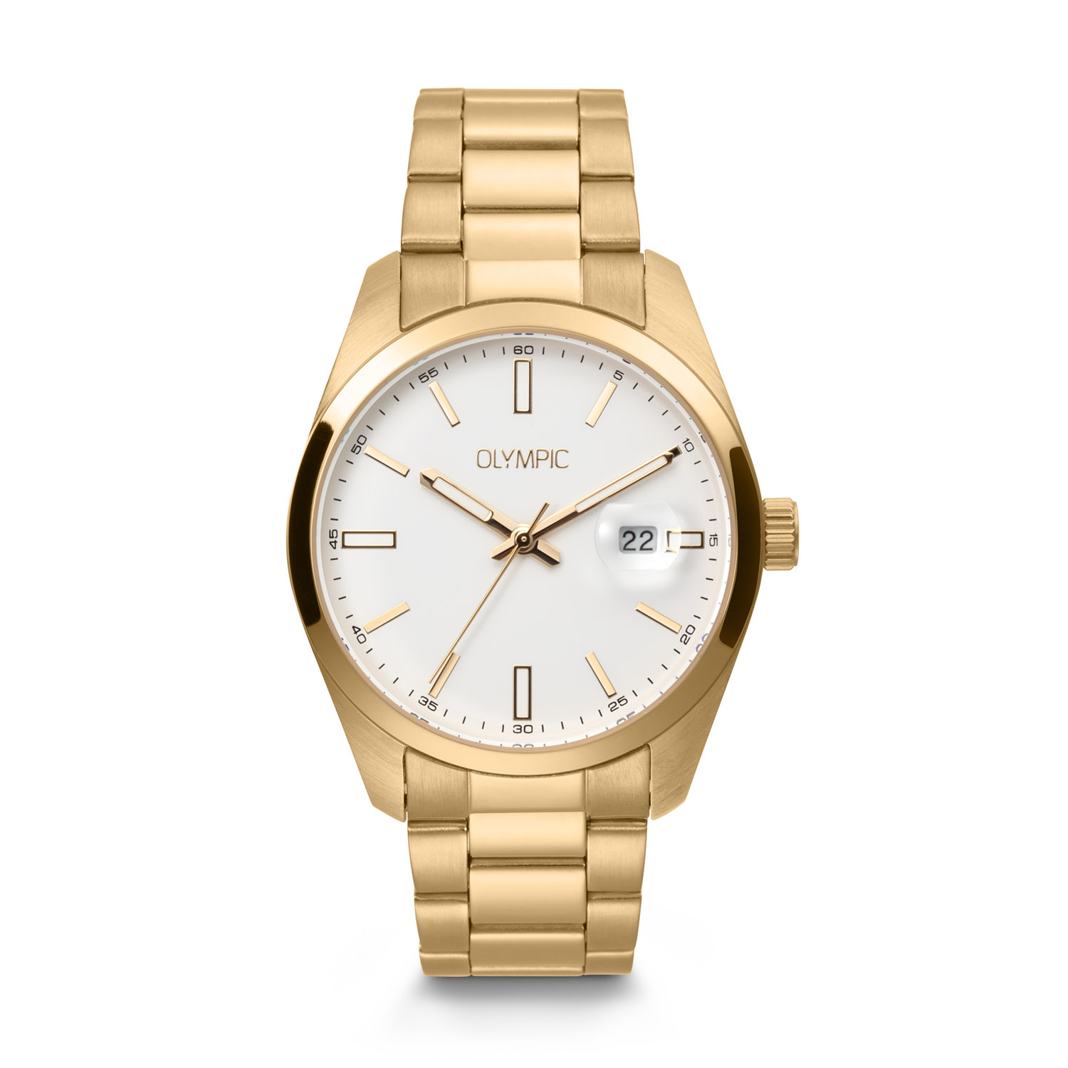 De Olympic LOUIS is een stoer herenhorloge met een ronde goudkleurige kast, een witte wijzerplaat met datumaanduiding en een bijpassende goudkleurige schakelband. Een robuuste kastmaat en verfijnde afwerking maken dit horloge een sterke keuze voor dagelijks gebruik.