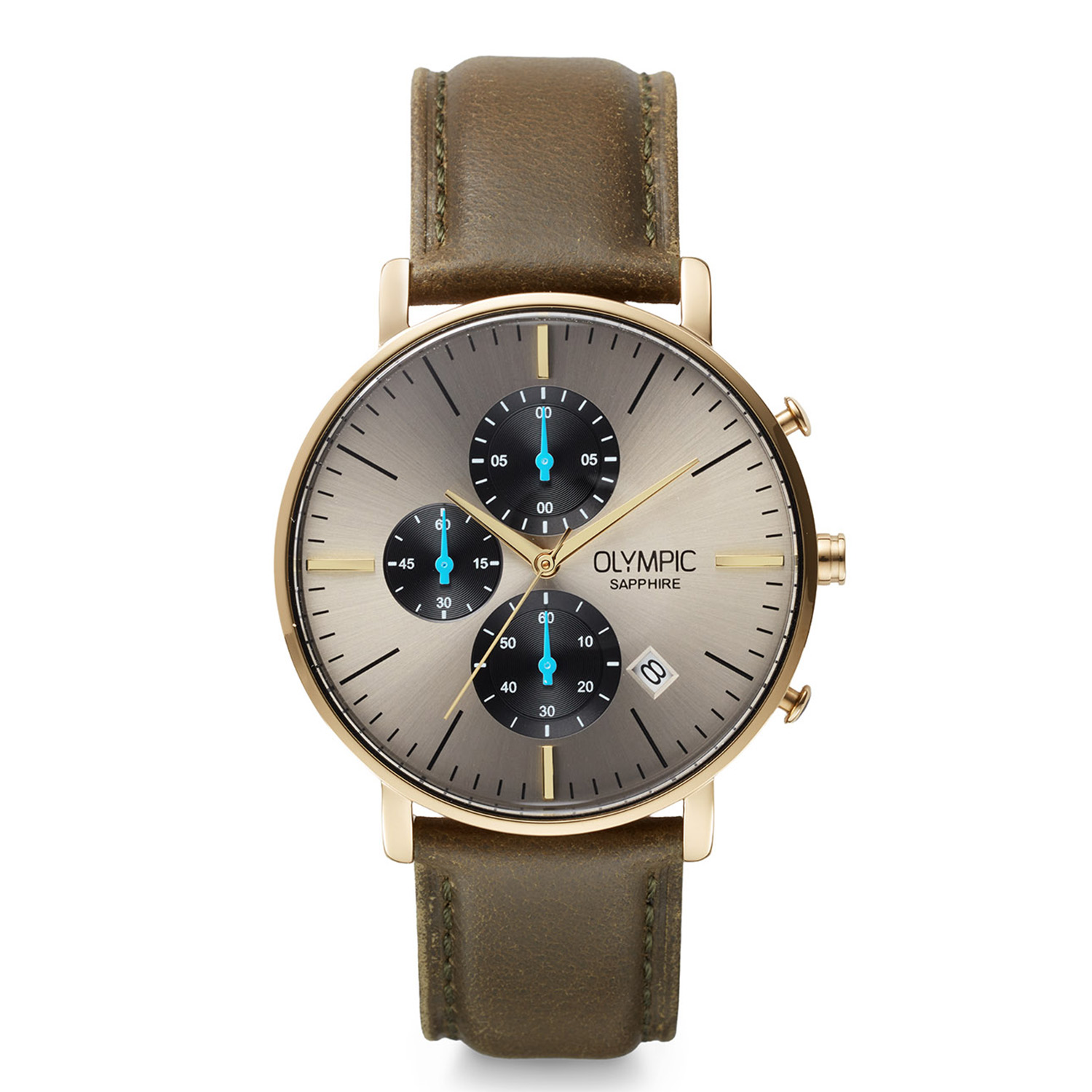 Olympic OL82HDL006 Tempus Horloge Heren Staal 40mm 
Dit unieke Olympic model met artikelnummer: OL82HDL006 is een chique herenhorloge. Het horloge heeft een goudkleurige stalen kast met een grijze sunray wijzerplaat met een datum en een stopwatch met blauwe chronograafmeters. Aan de kast zit een groene lerenband met een gespsluiting. Het horloge heeft een saffierglas, een doorsnee van 40mm en is 5ATM.

Het merk:
Een mooi horloge hoeft niet duur te zijn! Het Nederlandse horlogemerk Olympic levert stoere chronografen, slimline series, digitale uurwerken en elegante dameshorloges. De prijs-kwaliteitverhouding staat bij Olympic hoog in het vaandel met prijzen die uiteenlopen van &euro; 34,95 tot en met &euro; 169,00.

100% Nederlands ontwerp, waterdicht en standaard 3 jaar fabrieksgarantie.

Specificaties:
- Ronde kast &Oslash; 40mm
- Grijze wijzerplaat
- Groene lerenband
- 5ATM 
- Standaard 3 jaar fabrieksgarantie
- Saffierglas