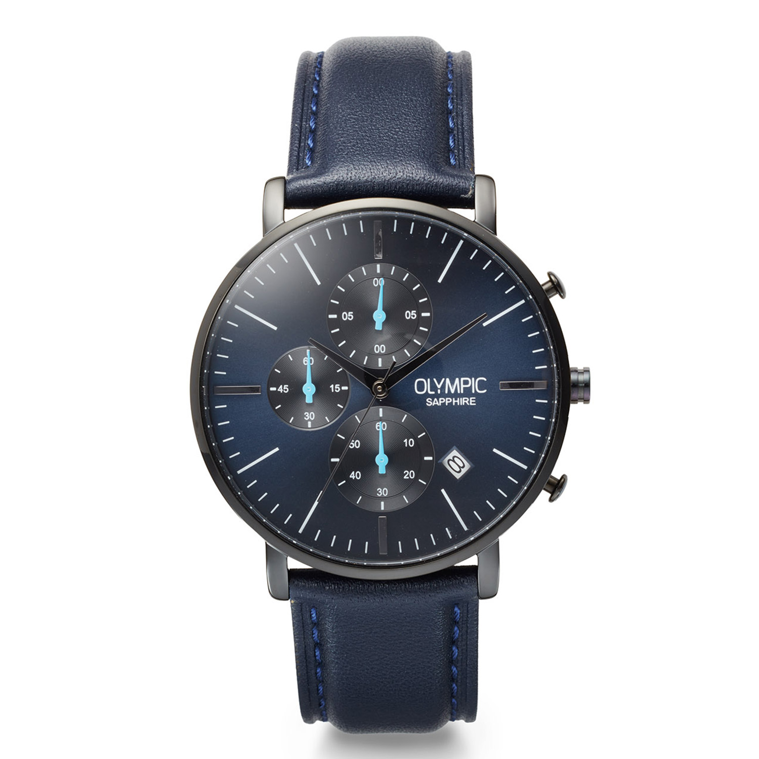 Dit unieke Olympic model is een chique herenhorloge. Het horloge heeft een zwarte stalen kast met een blauwe sunray wijzerplaat met een datum en een stopwatch met blauwe chronograafmeters. Aan de kast zit een blauwe lerenband met een gespsluiting. Het horloge heeft een saffierglas, een doorsnee van 40mm en is 5ATM.

