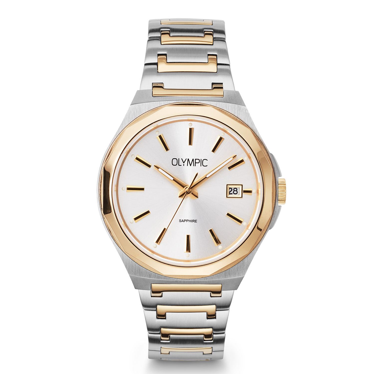 Olympic OL66HSS025B Momentum Horloge Heren Staal 44mm 
Dit unieke Olympic model met artikelnummer: OL66HSS025B is een chique herenhorloge. Het horloge heeft een stalen kast met een goudkleurige bezel, een zilverkleurige wijzerplaat met datum en duidelijke goudkleurige wijzers en strepen. Met een speciale vaste aanzet sluit de stalen bicolor schakelband perfect aan de kast. Het horloge heeft een saffierglas, een doorsnee van 44mm en is 5ATM.

Het merk:
Een mooi horloge hoeft niet duur te zijn! Het Nederlandse horlogemerk Olympic levert stoere chronografen, slimline series, digitale uurwerken en elegante dameshorloges. De prijs-kwaliteitverhouding staat bij Olympic hoog in het vaandel met prijzen die uiteenlopen van &euro; 34,95 tot en met &euro; 169,00.

100% Nederlands ontwerp, waterdicht en standaard 3 jaar fabrieksgarantie.

Specificaties:
- Ronde kast &Oslash; 44mm
- Zilverkleurige wijzerplaat
- Stalen bicolor schakelband
- 5ATM 
- Standaard 3 jaar fabrieksgarantie
- Saffierglas