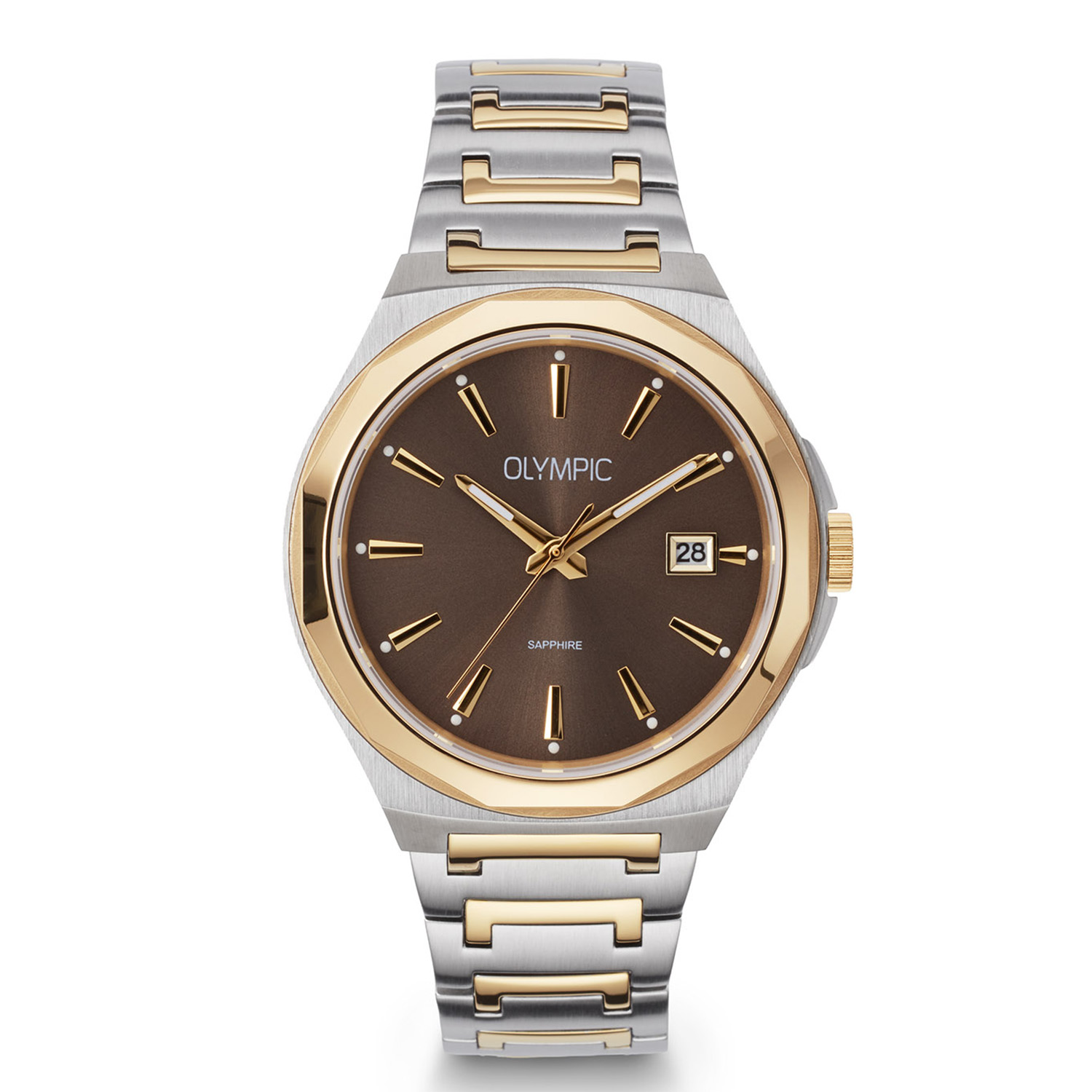 Olympic OL66HSS026B Momentum Horloge Heren Staal 44mm 
Dit unieke Olympic model met artikelnummer: OL66HSS026B is een chique herenhorloge. Het horloge heeft een stalen kast met een goudkleurige bezel, een bruine wijzerplaat met datum en duidelijke goudkleurige wijzers en strepen. Met een speciale vaste aanzet sluit de stalen bicolor schakelband perfect aan de kast. Het horloge heeft een saffierglas, een doorsnee van 44mm en is 5ATM.

Het merk:
Een mooi horloge hoeft niet duur te zijn! Het Nederlandse horlogemerk Olympic levert stoere chronografen, slimline series, digitale uurwerken en elegante dameshorloges. De prijs-kwaliteitverhouding staat bij Olympic hoog in het vaandel met prijzen die uiteenlopen van &euro; 34,95 tot en met &euro; 169,00.

100% Nederlands ontwerp, waterdicht en standaard 3 jaar fabrieksgarantie.

Specificaties:
- Ronde kast &Oslash; 44mm
- Bruine wijzerplaat
- Stalen bicolor schakelband
- 5ATM 
- Standaard 3 jaar fabrieksgarantie
- Saffierglas
