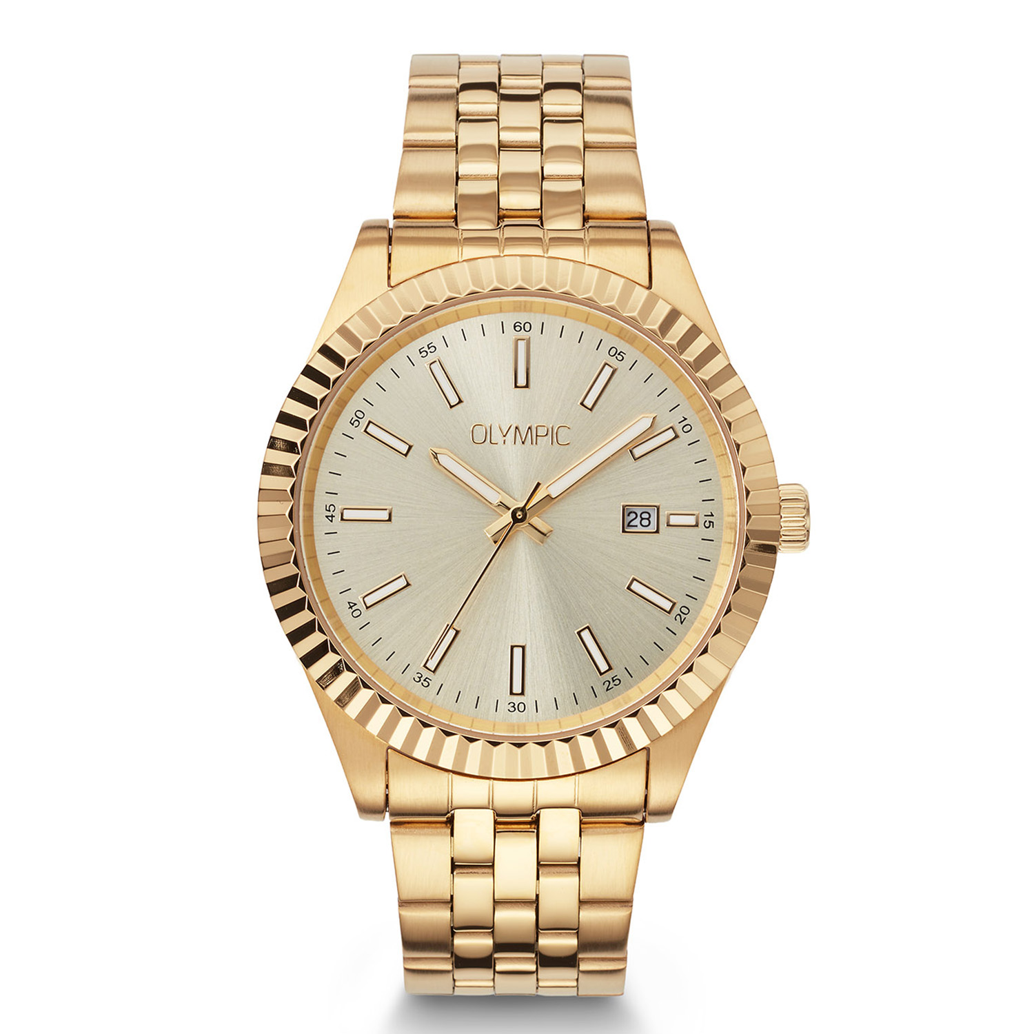 Olympic heren pols horloge staal met stalen band goudkleurig uit de Novi Collectie. 5 ATM waterdicht.