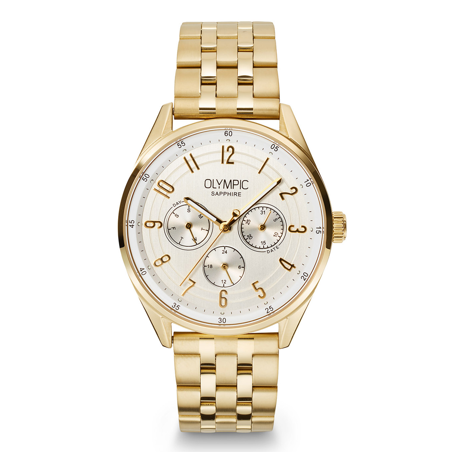 Olympic OL90HDD001 Daily Classic Horloge Heren Staal 40mm 
Dit unieke Olympic model met artikelnummer: OL90HDD001 is een klassiek herenhorloge. Het horloge heeft een goudkleurige stalen kast met een gladde bezel en een zilverkleurige wijzerplaat met een dag, datum en een 24-uursaanduiding. Aan de kast zit een goudkleurige schakelband met een vouwsluiting. Het horloge heeft een saffierglas, een doorsnee van 40mm en is 5ATM.

Het merk:
Een mooi horloge hoeft niet duur te zijn! Het Nederlandse horlogemerk Olympic levert stoere chronografen, slimline series, digitale uurwerken en elegante dameshorloges. De prijs-kwaliteitverhouding staat bij Olympic hoog in het vaandel met prijzen die uiteenlopen van &euro; 34,95 tot en met &euro; 169,00.

100% Nederlands ontwerp, waterdicht en standaard 3 jaar fabrieksgarantie.

Specificaties:
- Ronde kast &Oslash; 40mm
- Zilverkleurige wijzerplaat
- Stalen schakelband
- 5ATM
- Standaard 3 jaar fabrieksgarantie
- Saffierglas