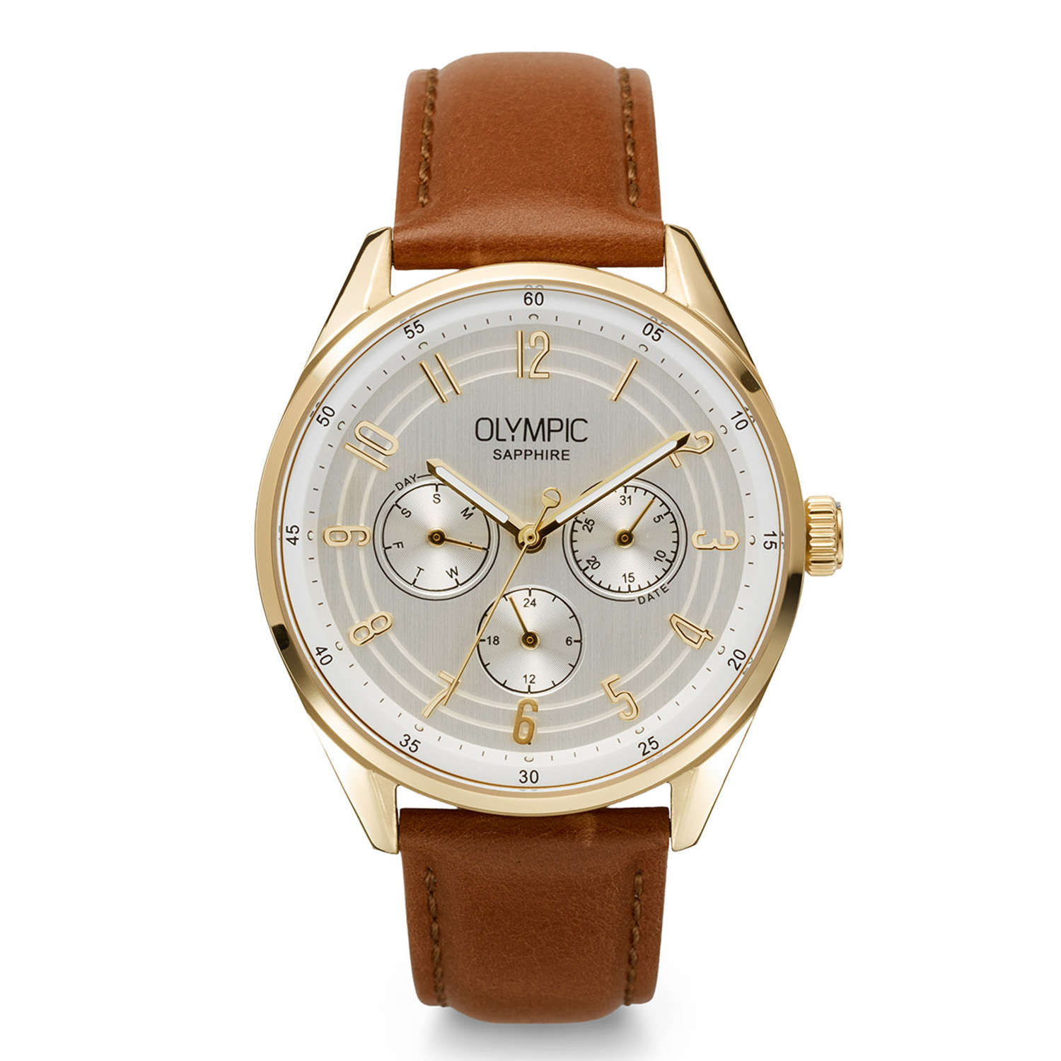 Olympic OL90HDL001 Daily Classic Horloge Heren Staal 40mm 
Dit unieke Olympic model met artikelnummer: OL90HDL001 is een klassiek herenhorloge. Het horloge heeft een goudkleurige stalen kast met een gladde bezel en een zilverkleurige wijzerplaat met een dag, datum en een 24-uursaanduiding. Aan de kast zit een bruine lerenband met een gespsluiting. Het horloge heeft een saffierglas, een doorsnee van 40mm en is 5ATM.

Het merk:
Een mooi horloge hoeft niet duur te zijn! Het Nederlandse horlogemerk Olympic levert stoere chronografen, slimline series, digitale uurwerken en elegante dameshorloges. De prijs-kwaliteitverhouding staat bij Olympic hoog in het vaandel met prijzen die uiteenlopen van &euro; 34,95 tot en met &euro; 169,00.

100% Nederlands ontwerp, waterdicht en standaard 3 jaar fabrieksgarantie.

Specificaties:
- Ronde kast &Oslash; 40mm
- Zilverkleurige wijzerplaat
- Bruine lerenband
- 5ATM
- Standaard 3 jaar fabrieksgarantie
- Saffierglas