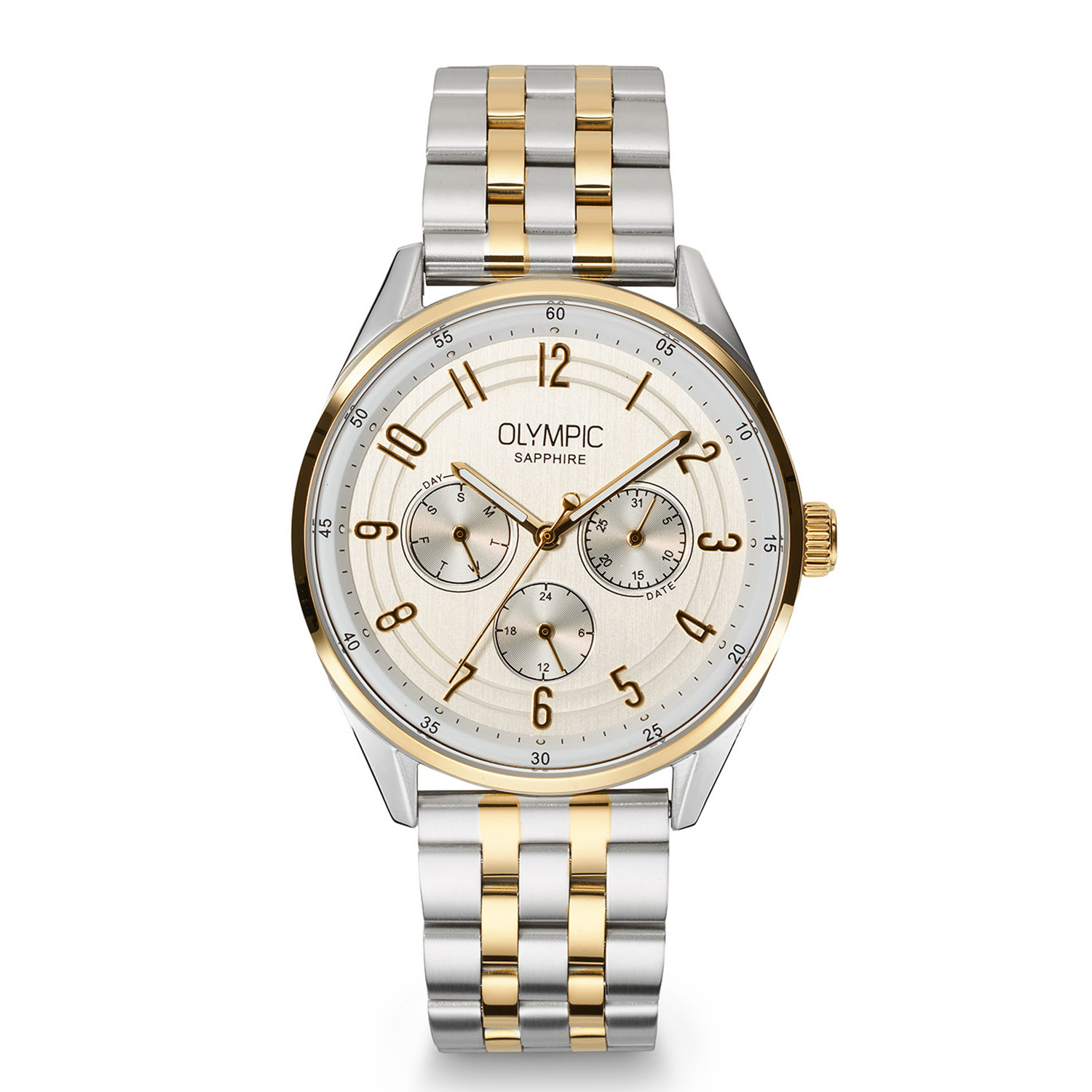 Dit stijlvol Olympic herenhorloge heeft een zilverkleurige wijzerplaat, duurzame roestvrijstalen kast en band, en saffierglas. De ronde kast heeft een diameter van 40 mm en is waterdicht tot 5 ATM. Het analoge horloge heeft een datumfunctie en werkt op een kwartsuurwerk. Perfect te dragen bij zowel formele als informele gelegenheden.