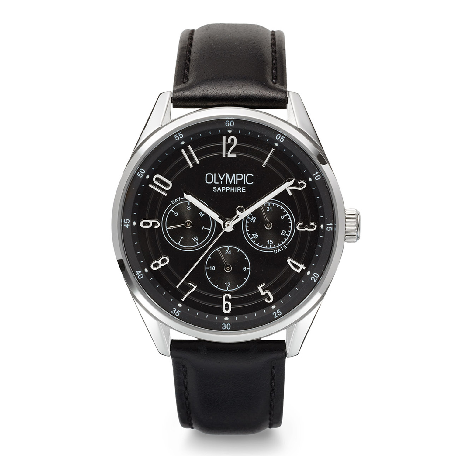 Olympic OL90HSL002 Daily Classic Horloge Heren Staal 40mm 
Dit unieke Olympic model met artikelnummer: OL90HSL002 is een klassiek herenhorloge. Het horloge heeft een stalen kast met een gladde bezel en een zwarte wijzerplaat met een dag, datum en een 24-uursaanduiding. Aan de kast zit een zwarte lerenband met een gespsluiting. Het horloge heeft een saffierglas, een doorsnee van 40mm en is 5ATM.

Het merk:
Een mooi horloge hoeft niet duur te zijn! Het Nederlandse horlogemerk Olympic levert stoere chronografen, slimline series, digitale uurwerken en elegante dameshorloges. De prijs-kwaliteitverhouding staat bij Olympic hoog in het vaandel met prijzen die uiteenlopen van &euro; 34,95 tot en met &euro; 169,00.

100% Nederlands ontwerp, waterdicht en standaard 3 jaar fabrieksgarantie.

Specificaties:
- Ronde kast &Oslash; 40mm
- Zwarte wijzerplaat
- Zwarte lerenband
- 5ATM
- Standaard 3 jaar fabrieksgarantie
- Saffierglas