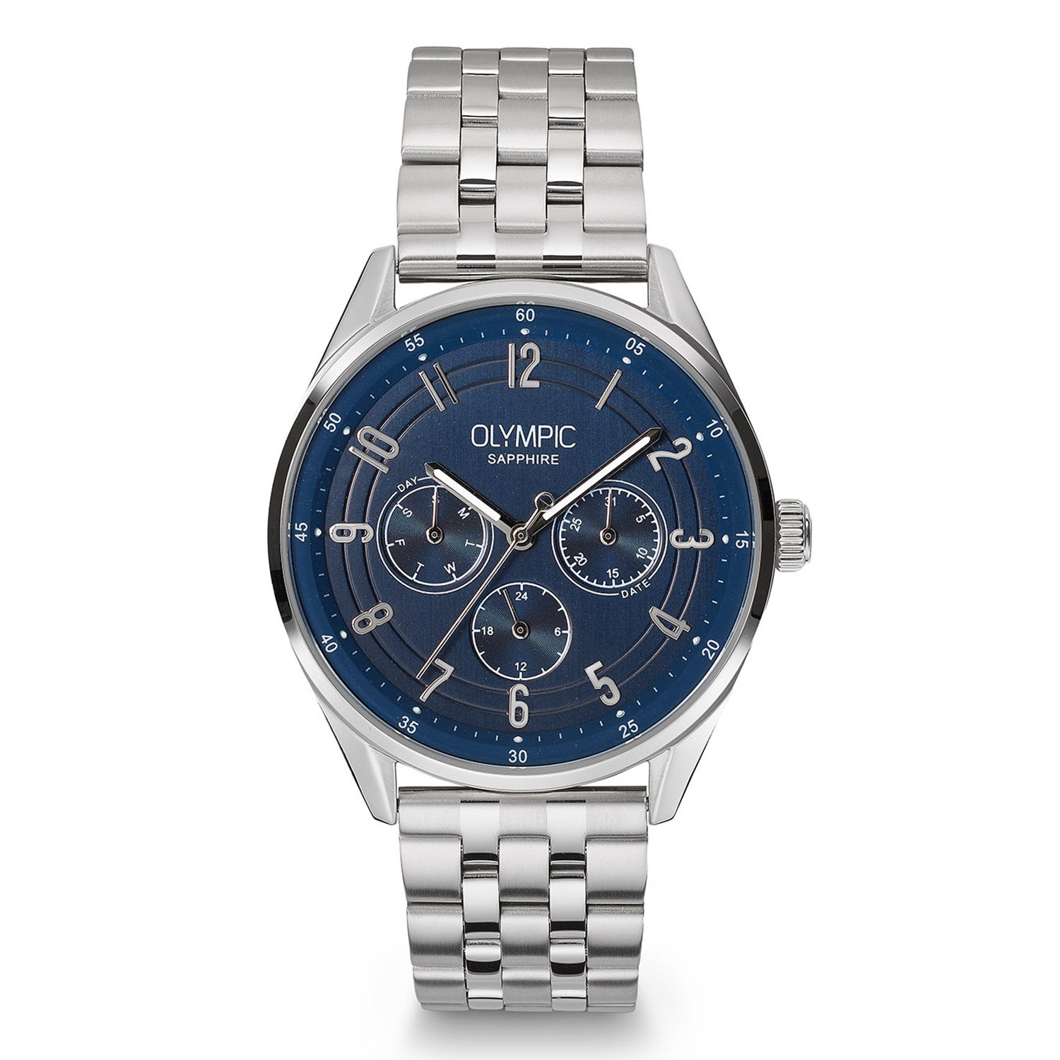 Het Olympic Herenhorloge biedt een elegante combinatie van functies: een blauw analoog uurwerk met roestvrijstalen kast en band, beide zilverkleurig. De kastdiameter is 40 mm met een bandbreedte van 20 mm. Dit horloge heeft saffierglas, een waterdichtheid van 5 ATM en een datumaanduiding. Ideaal voor dagelijks gebruik en formele gelegenheden.