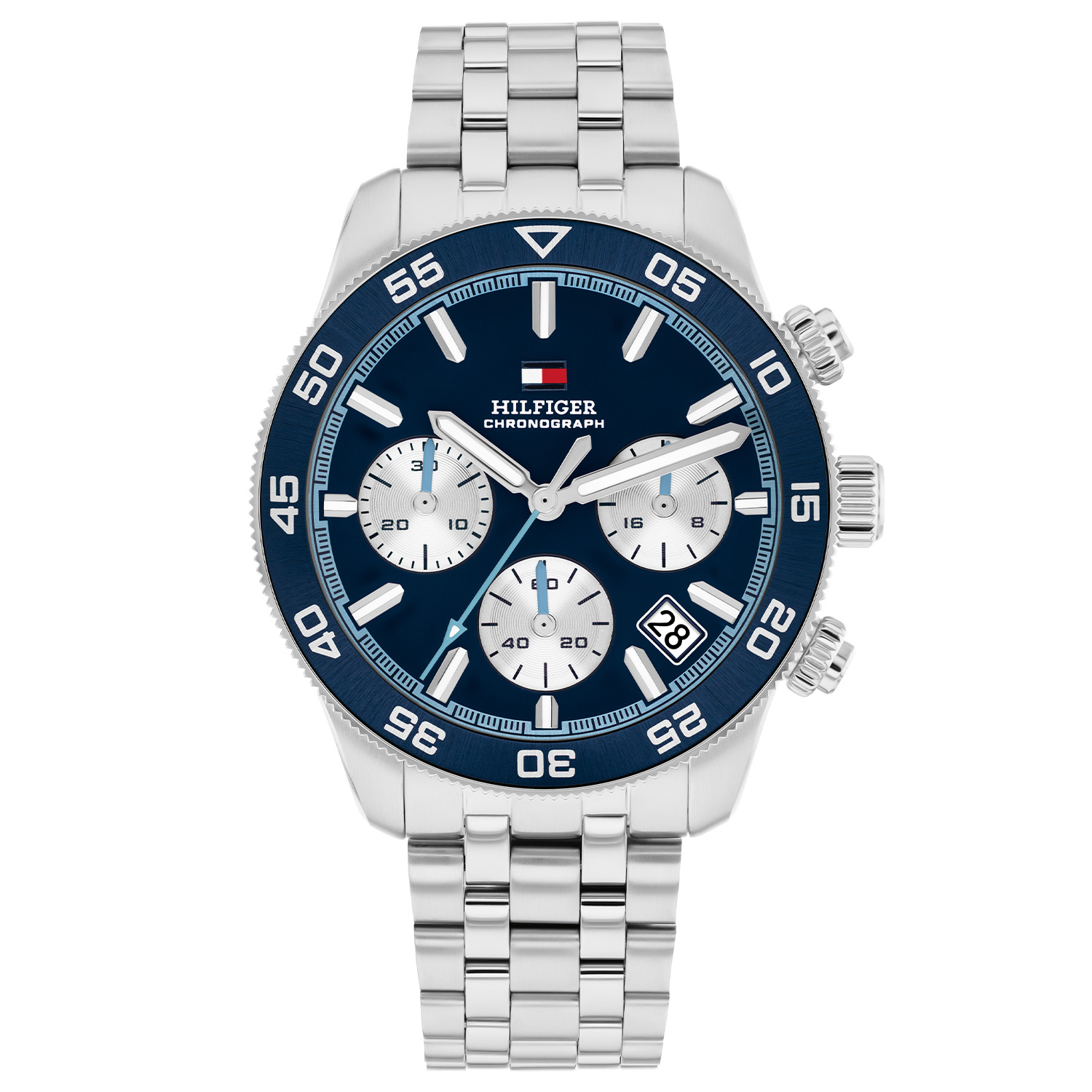 Sportief stoer: Dit zilverkleurige herenhorloge straalt finesse uit en maakt elke outfit stijlvol compleet. Het stalen herenhorloge uit de TH85 CHRONO serie heeft een ronde zilverkleurige kast met een blauwe aluminium bezel, een blauwe wijzerplaat met een datum en een chronograaf. Extra opvallend zijn de blauwe wijzers. Aan de kast zit een stalen schakelband met een vouwsluiting. Het horloge heeft een mineraalglas, een afmeting van 41mm en is 5ATM.  

Het merk: 
Sinds de lancering van het merk in 1985 is Tommy Hilfiger wereldwijd bekend geworden als pionier van de klassieke Amerikaanse coole stijl. Ge&iuml;nspireerd door de iconische popcultuur en het Amerikaanse erfgoed. De dames en herencollectie van dit seizoen bestaan uit minimalistische silhouetten en rustieke lederen details. De herenhorlogecollectie biedt iconische uurwerken met roestvrijstalen, lederen en siliconen banden.

Specificaties:
- Mineraalglas
- Ronde kast 41mm
- Zilverkleurige kast
- Blauwe wijzerplaat
- Zilverkleurige schakelband 
- 5ATM