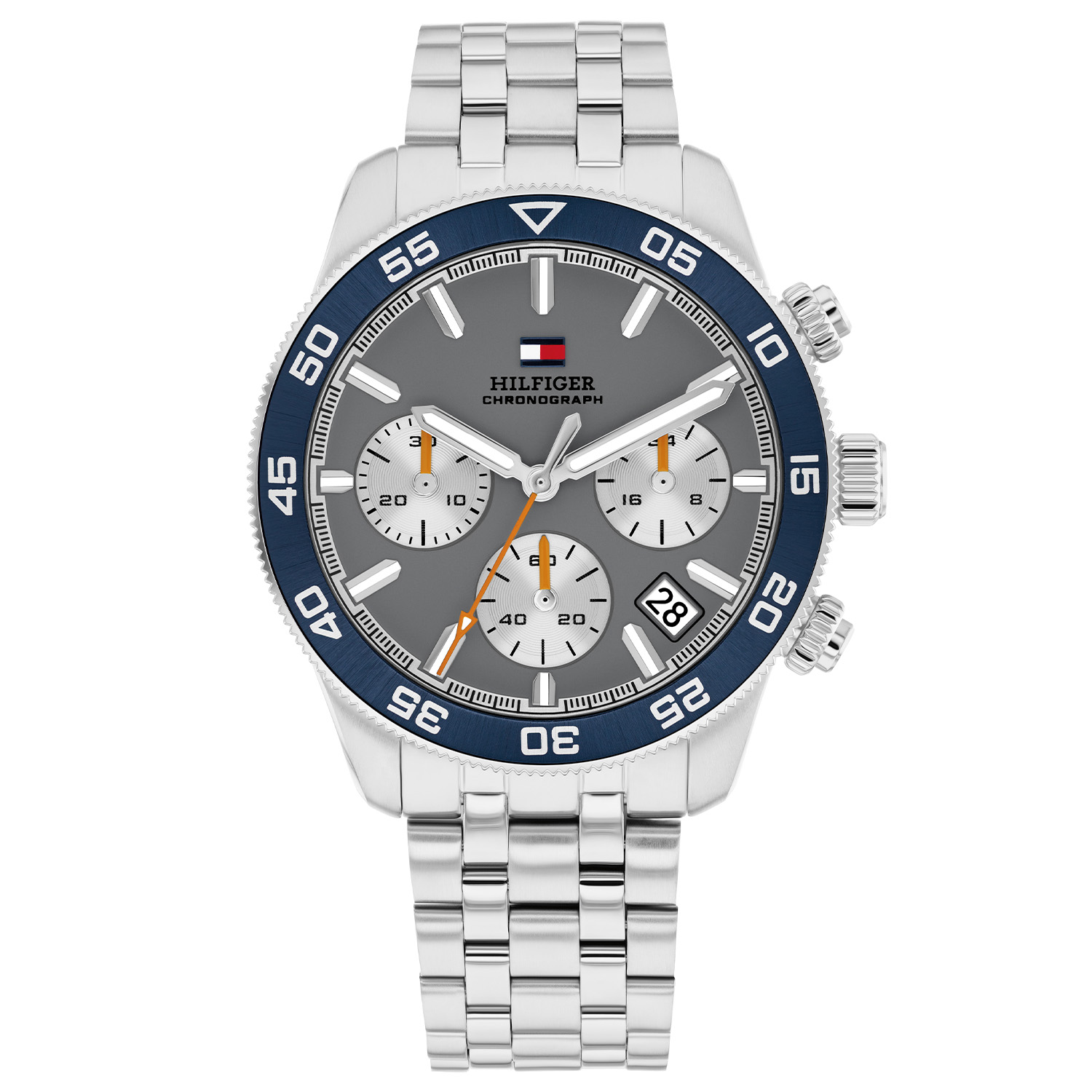 Sportief stoer: Dit zilverkleurige herenhorloge straalt finesse uit en maakt elke outfit stijlvol compleet. Het stalen herenhorloge uit de TH85 CHRONO serie heeft een ronde zilverkleurige kast met een blauwe aluminium bezel, een grijze wijzerplaat met een datum en een chronograaf. Extra opvallend zijn de blauwe wijzers. Aan de kast zit een stalen schakelband met een vouwsluiting. Het horloge heeft een mineraalglas, een afmeting van 41mm en is 5ATM.  

Het merk: 
Sinds de lancering van het merk in 1985 is Tommy Hilfiger wereldwijd bekend geworden als pionier van de klassieke Amerikaanse coole stijl. Ge&iuml;nspireerd door de iconische popcultuur en het Amerikaanse erfgoed. De dames en herencollectie van dit seizoen bestaan uit minimalistische silhouetten en rustieke lederen details. De herenhorlogecollectie biedt iconische uurwerken met roestvrijstalen, lederen en siliconen banden.

Specificaties:
- Mineraalglas
- Ronde kast 41mm
- Zilverkleurige kast
- Grijze wijzerplaat
- Zilverkleurige schakelband 
- 5ATM