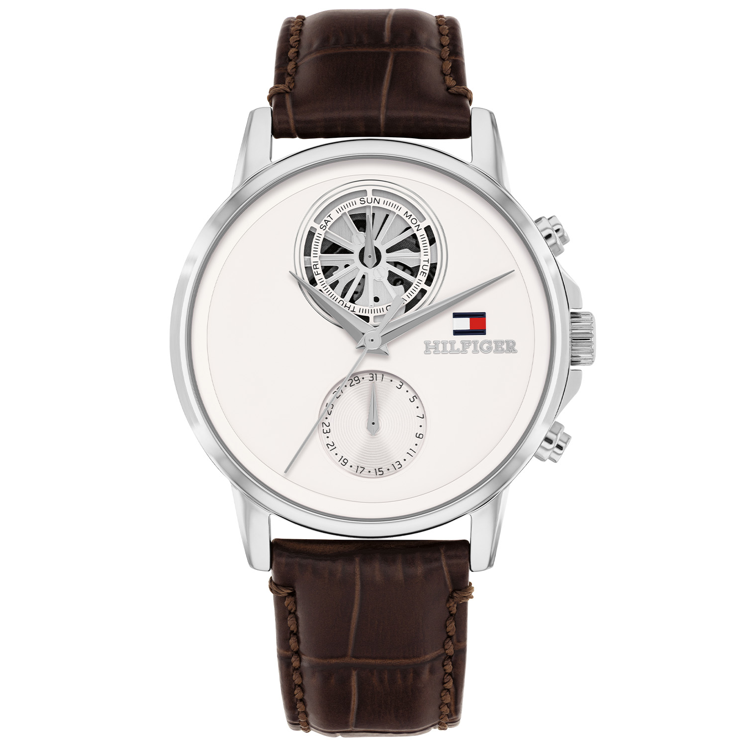 Dit stijlvolle Tommy Hilfiger herenhorloge, combineert een cr&egrave;me analoge wijzerplaat met een zilverkleurige roestvrijstalen kast van 40 mm. Het horloge heeft een echte leren bruine band van 20 mm en is waterbestendig tot 5 ATM. Perfect voor dagelijks gebruik in een formele of casual setting. Draag het met vertrouwen naar werk of uitjes.