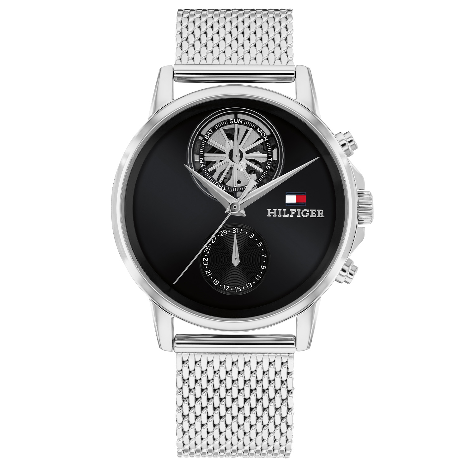 Tommy Hilfiger TH1710749 Horloge Heren Staal Zilverkleurig 40mm
Elegant: Dit zilverkleurige herenhorloge straalt finesse uit en maakt elke outfit stijlvol compleet. Het stalen herenhorloge uit de Stewart serie heeft een ronde stalen kast met een gladde bezel. Op de zwarte wijzerplaat zit een datum en is een gedeelte opengewerk zodat je het uurwerk ziet bewegen, heel opvallend. Aan de kast zit een zilverkleurige milanese band met een druksluiting. Het horloge heeft een mineraalglas, een afmeting van 40mm en is 5ATM.  

Het merk: 
Sinds de lancering van het merk in 1985 is Tommy Hilfiger wereldwijd bekend geworden als pionier van de klassieke Amerikaanse coole stijl. Ge&iuml;nspireerd door de iconische popcultuur en het Amerikaanse erfgoed. De dames en herencollectie van dit seizoen bestaan uit minimalistische silhouetten en rustieke lederen details. De herenhorlogecollectie biedt iconische uurwerken met roestvrijstalen, lederen en siliconen banden.

Specificaties:
- Mineraalglas
- Ronde kast 40mm
- Zilverkleurige kast
- Zwarte wijzerplaat
- Milanese band 
- 5ATM