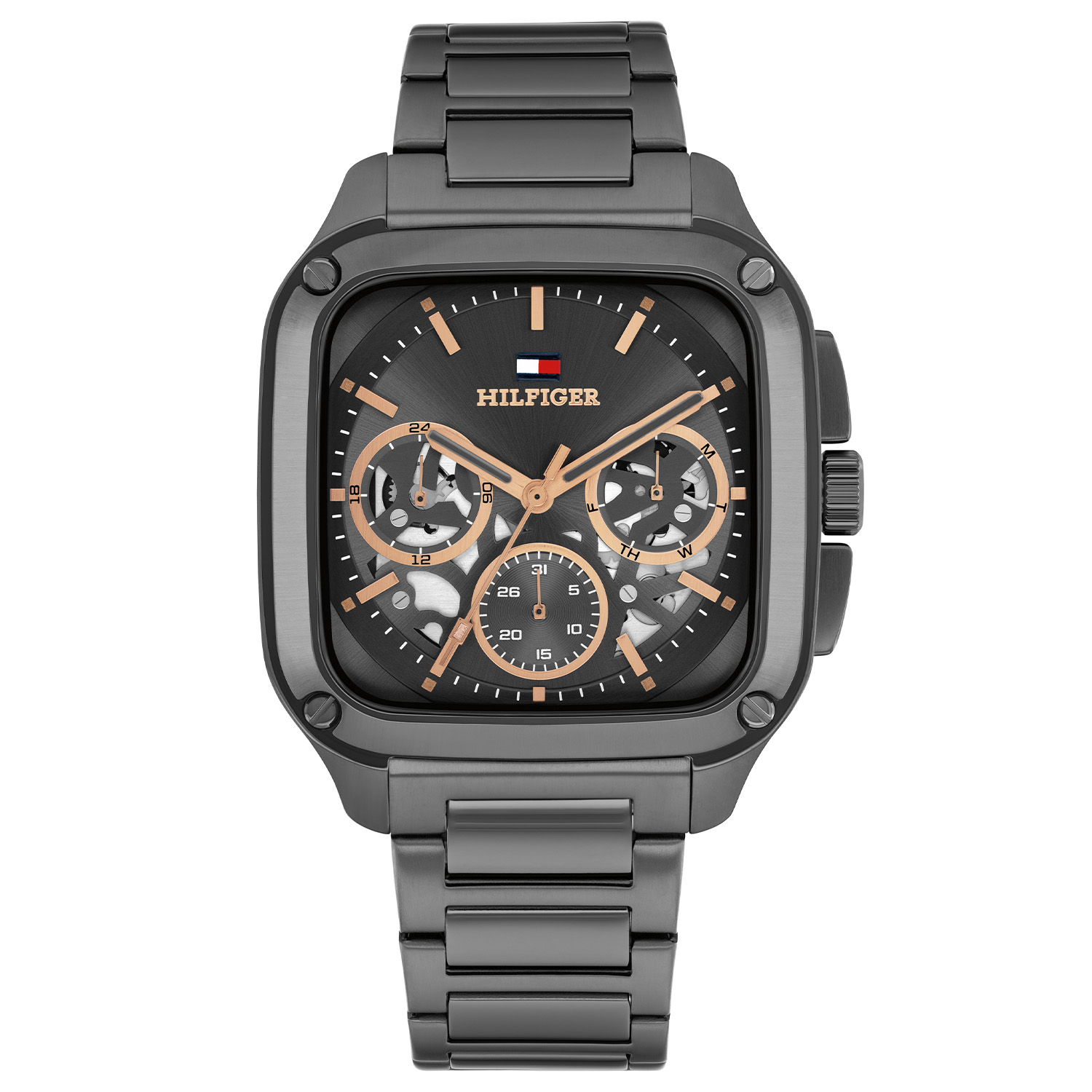 Tommy Hilfiger TH1710759 Horloge Heren Staal Gunmetal 39mm
Sportief chic: Dit grijze herenhorloge straalt finesse uit en maakt elke outfit stijlvol compleet. Het stalen herenhorloge uit de Herald Skeleton serie heeft een vierkante grijze kast met een grijze sunray wijzerplaat met een dag, datum en een 24-uursaanduiding. Extra opvallend is de opengewerkte wijzerplaat waardoor je het uurwerk ziet bewegen. Aan de kast zit een grijze stalen schakelband met een vouwsluiting. Het horloge heeft een mineraalglas, een afmeting van 39mm en is 5ATM.  

Het merk: 
Sinds de lancering van het merk in 1985 is Tommy Hilfiger wereldwijd bekend geworden als pionier van de klassieke Amerikaanse coole stijl. Ge&iuml;nspireerd door de iconische popcultuur en het Amerikaanse erfgoed. De dames en herencollectie van dit seizoen bestaan uit minimalistische silhouetten en rustieke lederen details. De herenhorlogecollectie biedt iconische uurwerken met roestvrijstalen, lederen en siliconen banden.

Specificaties:
- Mineraalglas
- Vierkante kast 39mm
- Grijze kast
- Grijze wijzerplaat
- Grijze schakelband 
- 5ATM